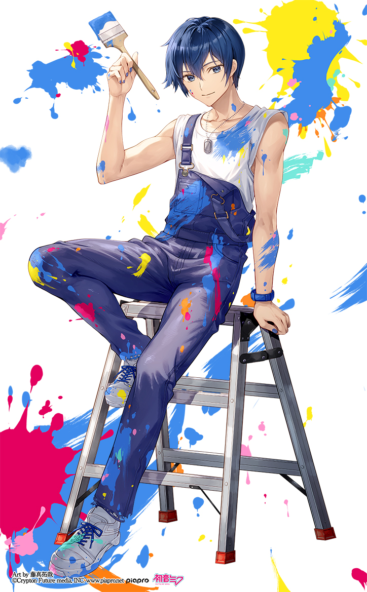 1boy arm_up blue_eyes blue_hair blue_nails blue_overalls collarbone commentary_request copyright_notice denim_overalls fujima_takuya full_body holding holding_paintbrush jewelry kaito_(vocaloid) looking_at_viewer nail_polish necklace official_art on_ladder overalls paint_on_body paint_on_clothes paint_splatter paintbrush shoes short_hair sitting sneakers solo strap_slip tank_top vocaloid white_shoes white_tank_top