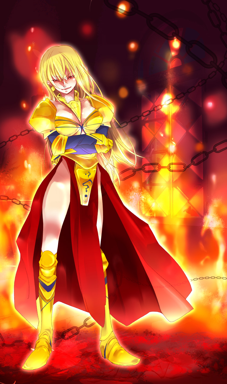 1girl armor bad_id bad_pixiv_id blonde_hair breasts chain cleavage crossed_arms earrings enkidu_(weapon)_(fate) fate/stay_night fate_(series) female_focus genderswap genderswap_(mtf) gilgamesh-ko gilgamesh_(fate) greaves highres jewelry legs long_hair medium_breasts pauldrons shirai shoulder_armor solo
