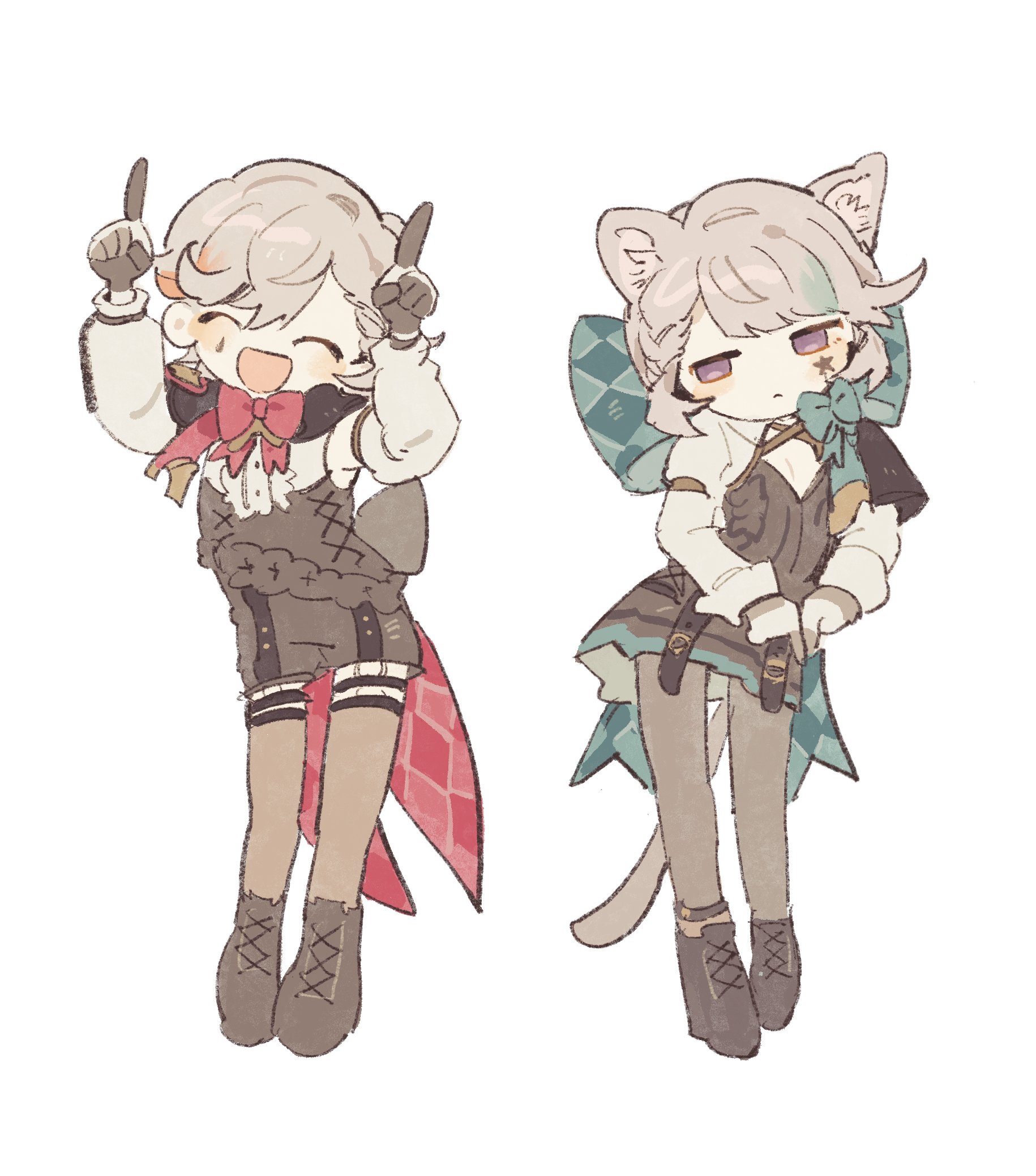 1boy 1girl animal_ears aqua_bow arms_up black_footwear black_shorts black_skirt boots bow bowtie brother_and_sister cat_ears cat_tail dada_dain full_body genshin_impact grey_hair grey_pantyhose grey_thighhighs highres internet_yamero long_hair low_ponytail lynette_(genshin_impact) lyney_(genshin_impact) pantyhose pointing pointing_down pointing_up ponytail purple_eyes red_bow red_bowtie shorts siblings sidelocks simple_background skirt tail thighhighs twins very_long_hair white_background