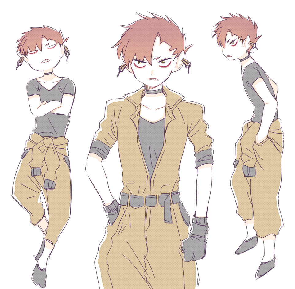 1boy annoyed arne_no_jikenbo asymmetrical_hair bare_arms belt black_belt black_gloves black_shirt black_shoes brown_jumpsuit clenched_hand clenched_teeth collarbone collared_jumpsuit ear_piercing from_side gloves hand_in_pocket jumpsuit jumpsuit_around_waist lapels male_focus multiple_views nachzehrer notched_lapels piercing pointy_ears red_hair shirt shoes short_hair short_sleeves shuntaro_(tya_nya0000) simple_background sleeves_rolled_up t-shirt teeth v-shaped_eyebrows v-shaped_eyes white_background yellow_eyes