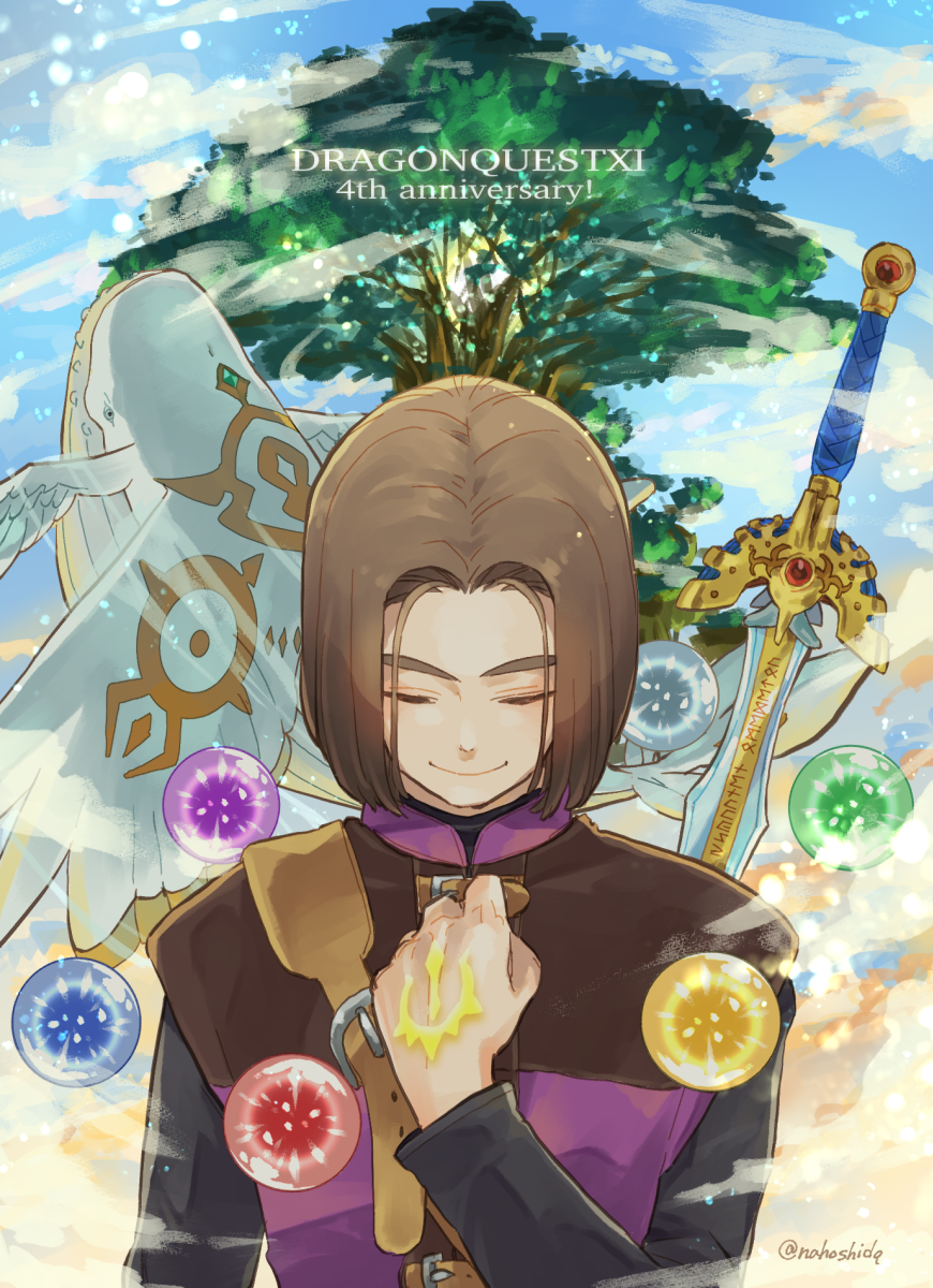 1boy 1other anniversary black_shirt blue_sky brown_hair clenched_hand closed_eyes closed_mouth commentary_request copyright_name dragon_quest dragon_quest_xi english_text erdrick&#039;s_sword hand_on_own_chest hand_tattoo hero_(dq11) highres ketosu_(dq11) long_sleeves male_focus medium_hair nahoshi orb parted_hair purple_tunic shirt sky smile sword tattoo tunic twitter_username upper_body weapon whale yggdrasil