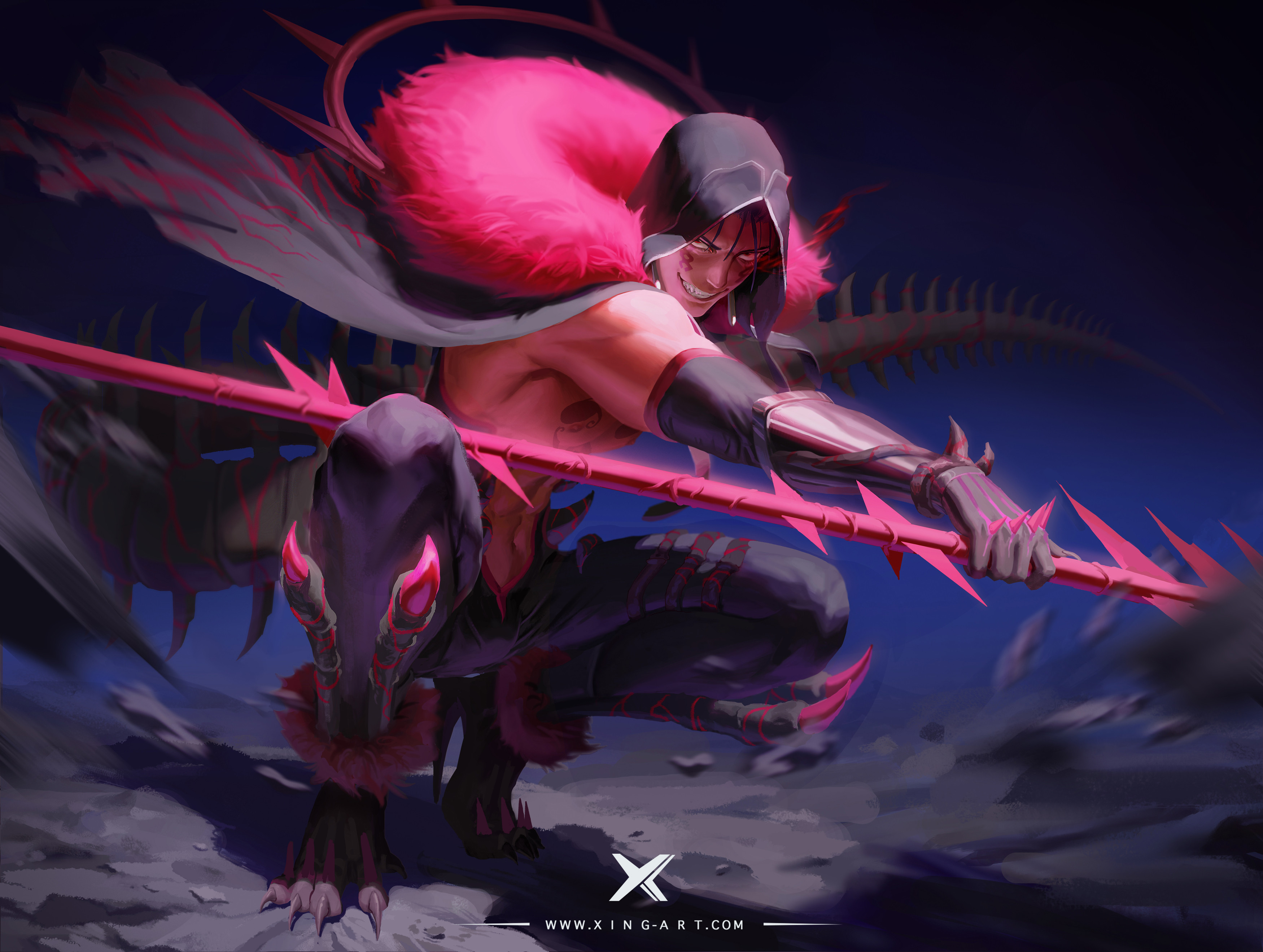 1boy absurdres artstation_logo blue_hair chinese_commentary cu_chulainn_(fate) cu_chulainn_(fate/stay_night) cu_chulainn_alter_(fate) cu_chulainn_alter_(fate/grand_order) cu_chulainn_alter_(third_ascension)_(fate) earrings evil_smile facepaint facial_mark fate/grand_order fate_(series) fur_trim gae_bolg_(fate) gloves highres holding holding_polearm holding_weapon hood hood_up jewelry long_hair looking_at_viewer male_focus pectorals polearm ponytail red_eyes sitting smile solo spear spikes squatting starlab tail tattoo teeth weapon