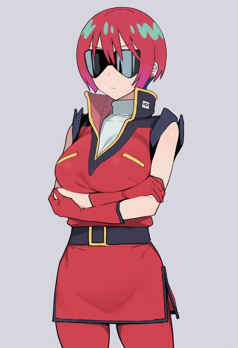 1girl amate_yuzuriha belt breasts commentary_request cosplay cowboy_shot crossed_arms earrings gloves grey_hair gundam gundam_gquuuuuux hakugin120 highres jewelry large_breasts pants quattro_bajeena quattro_bajeena_(cosplay) red_gloves red_hair shirt short_hair simple_background sleeveless solo sunglasses zeta_gundam