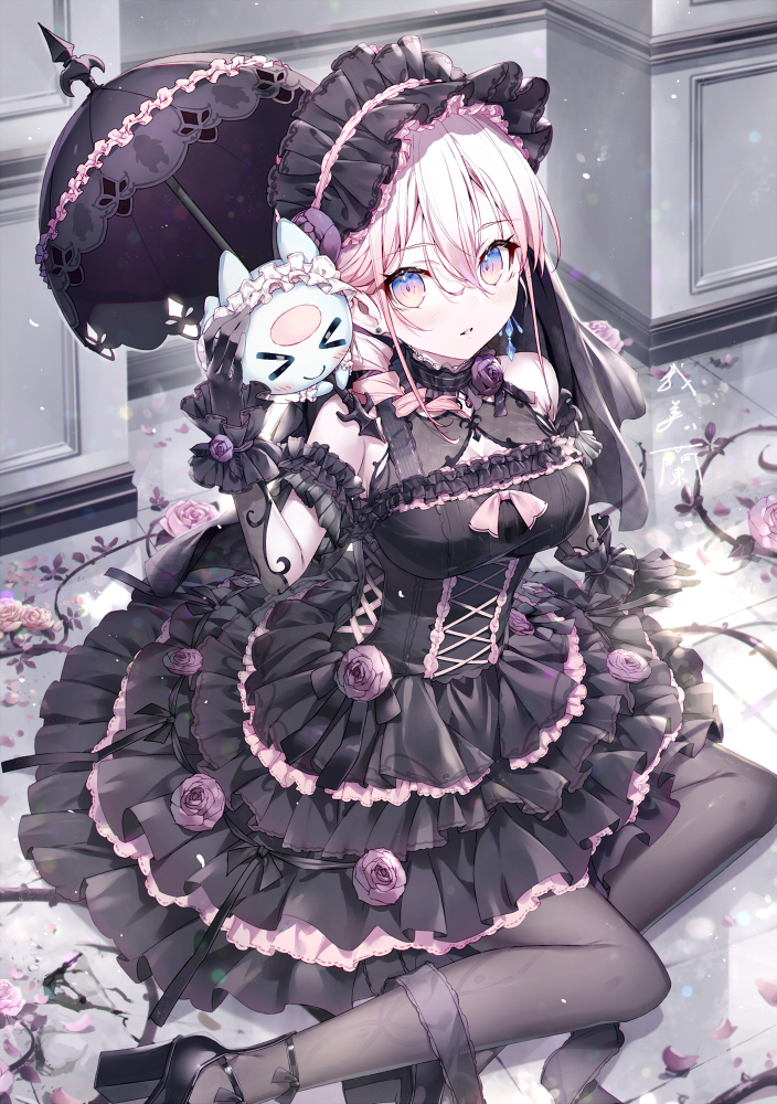 1girl arm_support black_dress black_gloves black_shoes black_undershirt blue_eyes breasts cleavage cleavage_cutout clothing_cutout commentary_request dress drill_hair first_stage_production flower frilled_dress frills gabiran gloves grey_pantyhose hair_between_eyes hand_up high_heels holding holding_umbrella long_hair medium_breasts on_floor pantyhose pink_flower pink_hair pink_rose plant purple_flower purple_rose rose ryugahama_yue shoes sitting solo umbrella very_long_hair vines virtual_youtuber wrist_cuffs yokozuwari