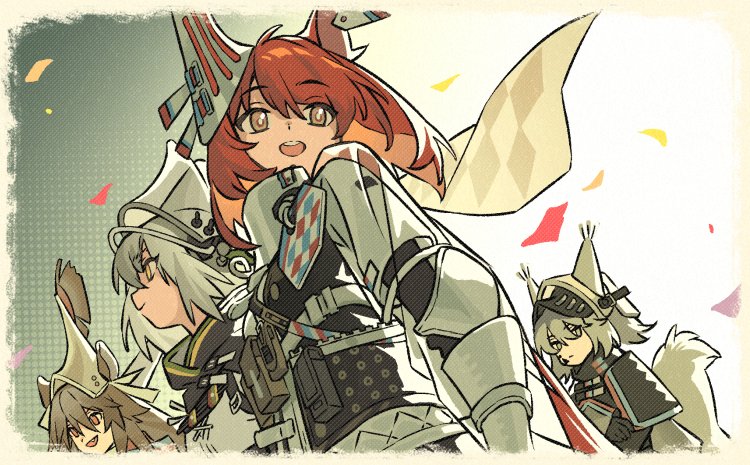 4girls animal_ears arknights armor ashlock_(arknights) brown_eyes brown_hair ear_covers ear_tag ears_through_headwear fartooth_(arknights) favilia flametail_(arknights) grey_eyes grey_hair helmet horse_ears horse_girl looking_at_viewer material_growth multiple_girls open_mouth oripathy_lesion_(arknights) red_hair squirrel_ears squirrel_girl squirrel_tail tail teeth upper_teeth_only visor_(armor) wild_mane_(arknights)