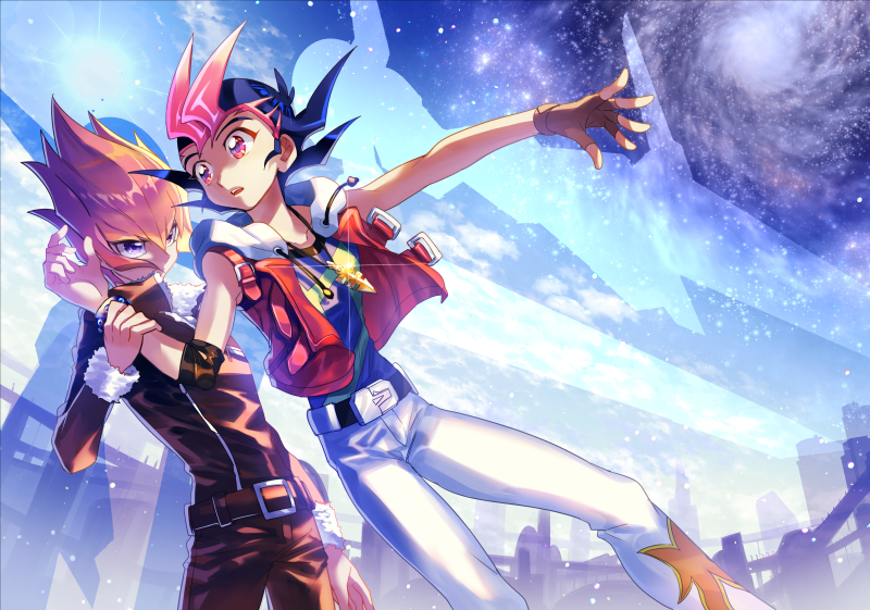 2boys belt black_belt black_jacket brown_hair drawstring feet_out_of_frame fushitasu galaxy glint grey_eyes holding_another&#039;s_wrist hood hood_down jacket jewelry male_focus multiple_boys necklace outdoors pants parted_lips red_jacket spiked_hair tsukumo_yuma vector_(yu-gi-oh!) white_pants yaoi yu-gi-oh! yu-gi-oh!_zexal