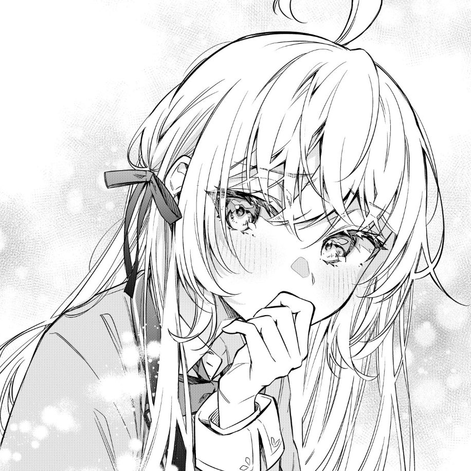 1girl ahoge alisa_mikhailovna_kujou blush collared_shirt commentary_request crossed_bangs eyes_visible_through_hair frown greyscale hair_between_eyes hair_ribbon hand_up long_hair looking_at_viewer monochrome official_art ribbon school_uniform seiren_academy_school_uniform shirt solo tenacitysaho tokidoki_bosotto_roshia-go_de_dereru_tonari_no_alya-san wing_collar