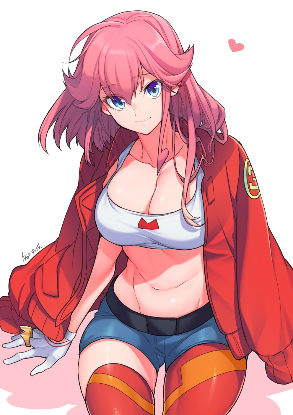 1girl aina_ardebit asymmetrical_legwear belt_pouch blue_eyes breasts cleavage crop_top cropped_jacket gloves hashtag-only_commentary highres midriff navel pink_hair pouch promare revision short_hair shorts side_ponytail smile solo suspenders takatsuki_ichi thighhighs uneven_legwear white_gloves