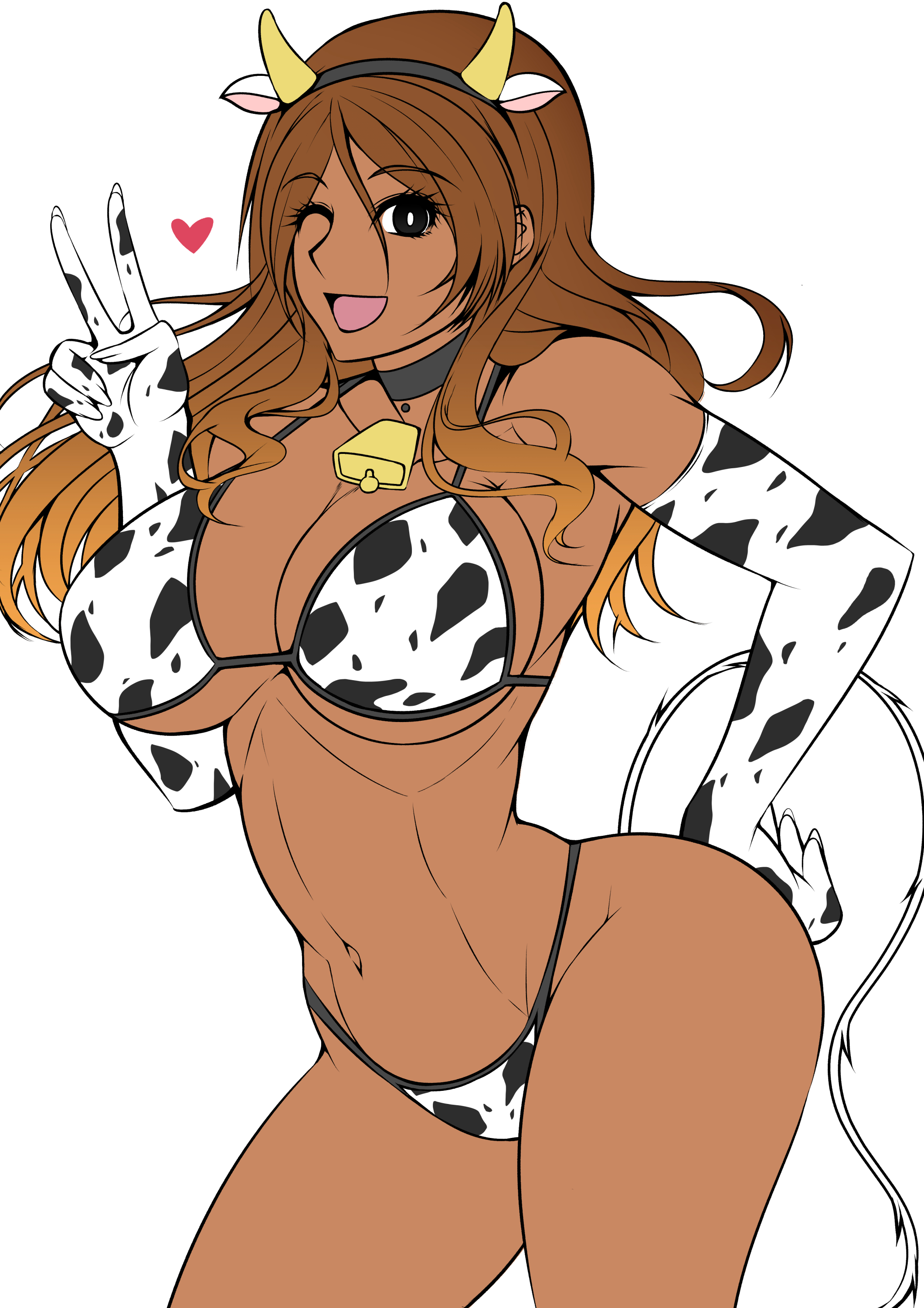 1girl absurdres animal_ears animal_print bikini bracelet breasts brown_eyes brown_hair chinese_zodiac cleavage cow_ears cow_horns cow_print cow_tail curvy dark_skin dark-skinned_female earrings fake_animal_ears fake_horns fake_tail gyaru hand_on_own_hip highres horns idolmaster idolmaster_shiny_colors izumi_mei jewelry large_breasts long_hair looking_at_viewer myougi_kuraganosuke navel open_mouth simple_background smile solo swimsuit tail thong_bikini v white_background year_of_the_ox