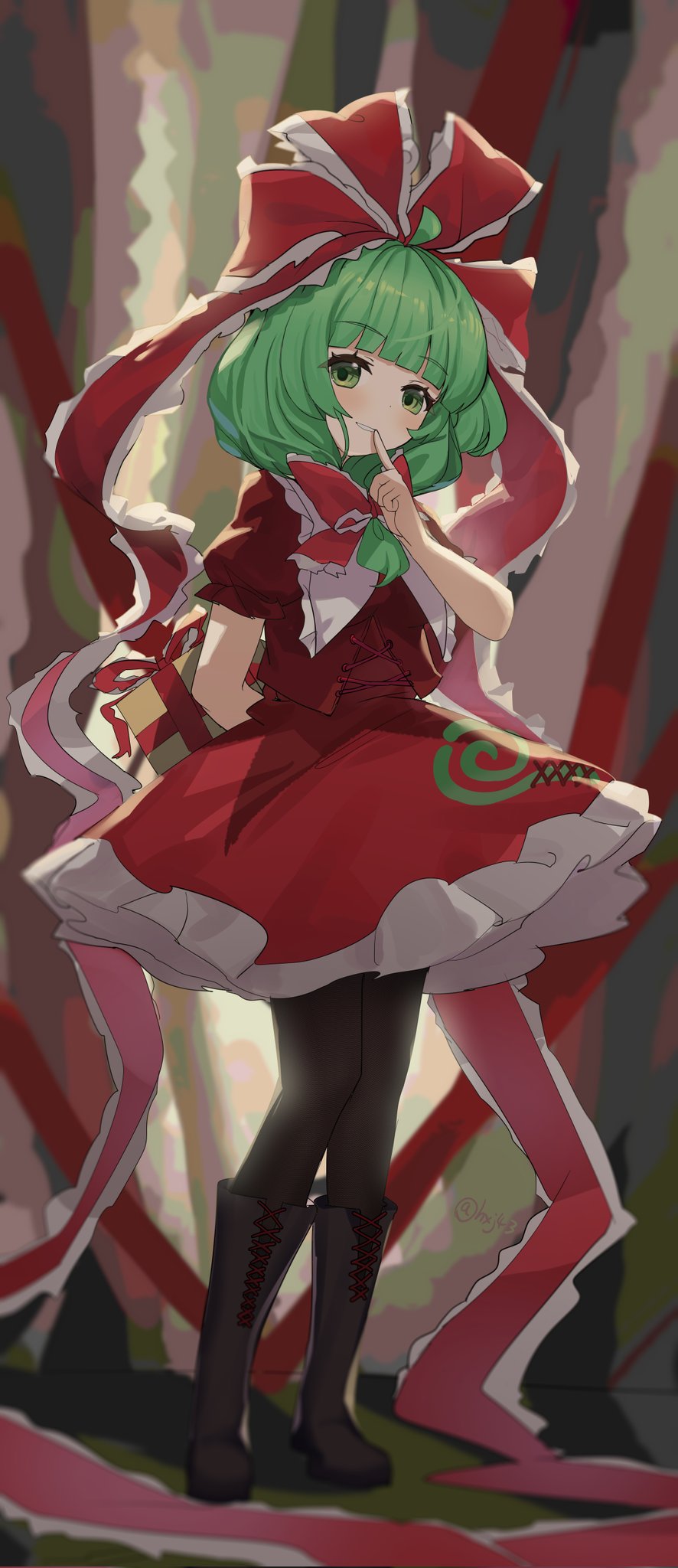 1girl black_boots black_pantyhose boots bow dress frilled_dress frills front_ponytail full_body green_eyes green_hair hair_ribbon highres hxj_(2324184595) kagiyama_hina looking_at_viewer pantyhose red_bow red_dress red_ribbon ribbon smile touhou