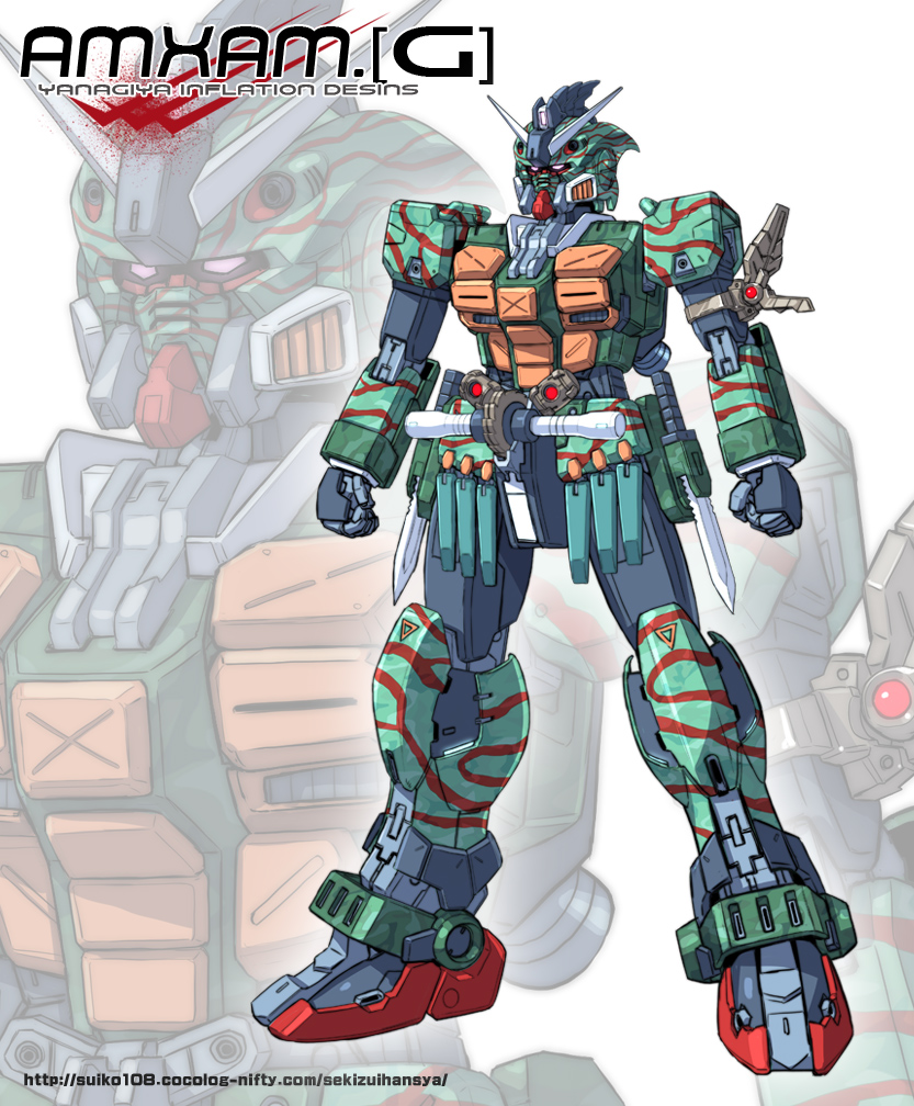 1boy commentary crossover full_body gundam gundam_cross_dimension_0079 kamen_rider kamen_rider_amazon kamen_rider_amazon_(series) male_focus mecha mechanical mechanization no_humans pink_eyes pixie_gundam robot solo standing translation_request weapon yanagi_joe zoom_layer