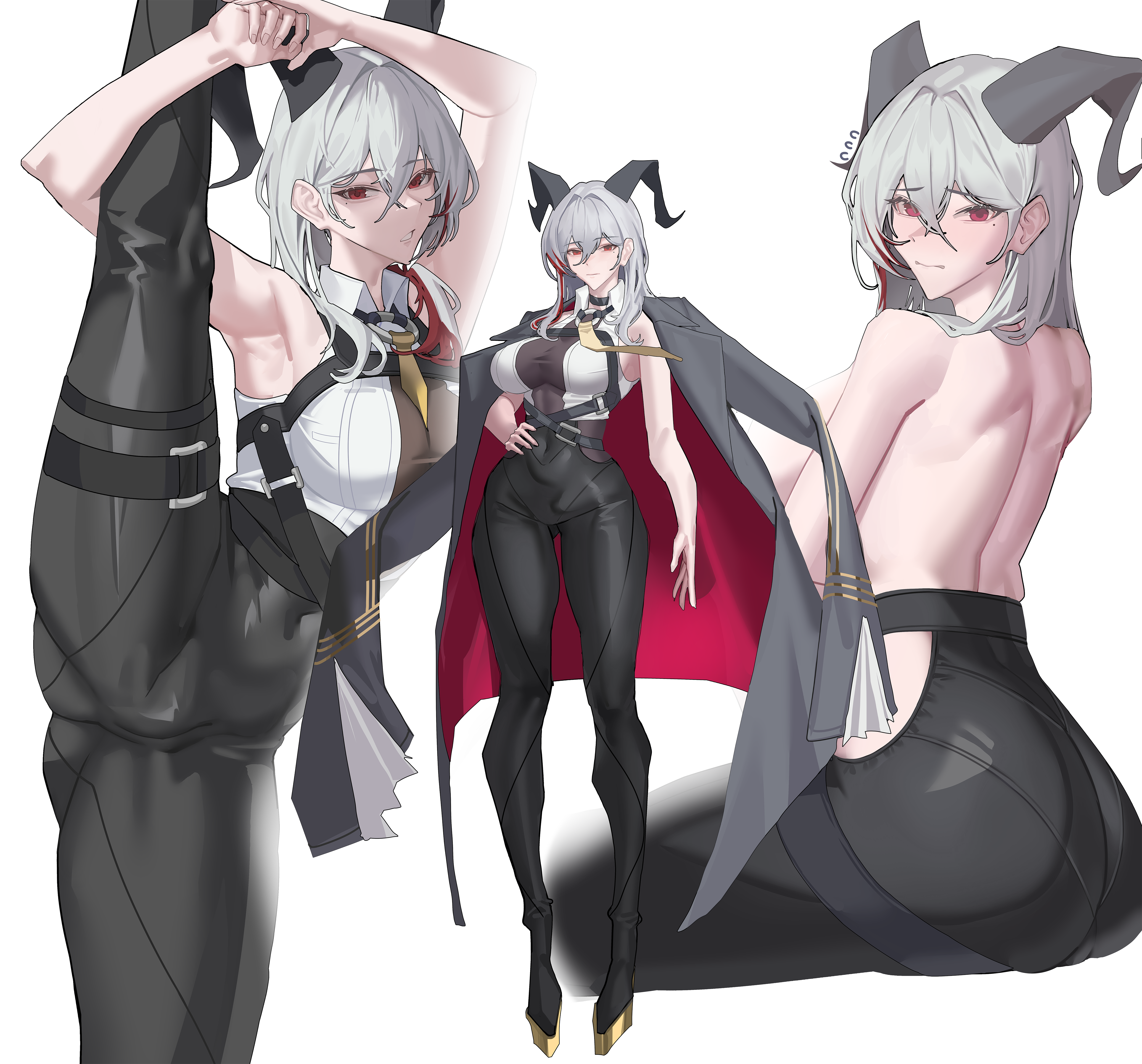 1girl absurdres armpits back bare_shoulders between_breasts black_horns black_jacket black_pants blush breasts cameltoe chest_harness collared_shirt commentary_request cosplay covered_navel curled_horns evelyn_chevalier evelyn_chevalier_(cosplay) flying_sweatdrops gong_dol_hong grey_hair hair_between_eyes hand_on_own_hip harness high-waist_pants highres hip_vent horns invisible_chair jacket jacket_on_shoulders korean_commentary large_breasts long_legs median_furrow medium_hair multicolored_hair multiple_views necktie necktie_between_breasts pants parted_lips red_eyes shirt simple_background sitting split standing standing_on_one_leg standing_split streaked_hair tight_clothes tight_pants topless_female white_background white_shirt wing_collar wuthering_waves yellow_necktie zani_(wuthering_waves) zenless_zone_zero