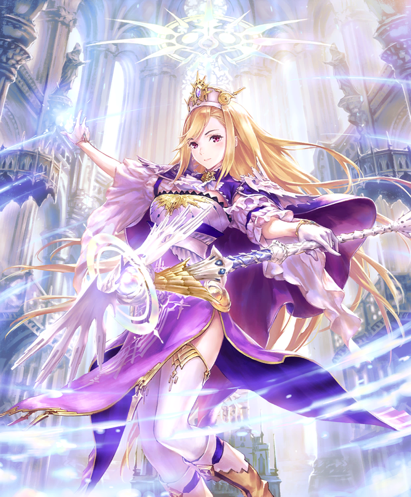 1girl blonde_hair blush breasts church day dress eris_(shadowverse) gloves hisakata_souji holding holding_staff indoors light_rays long_hair looking_at_viewer magic medium_breasts official_art priestess purple_dress red_eyes shadowverse side_slit smile solo staff thighhighs thighs third-party_source two-tone_dress very_long_hair white_dress white_gloves white_headdress white_thighhighs