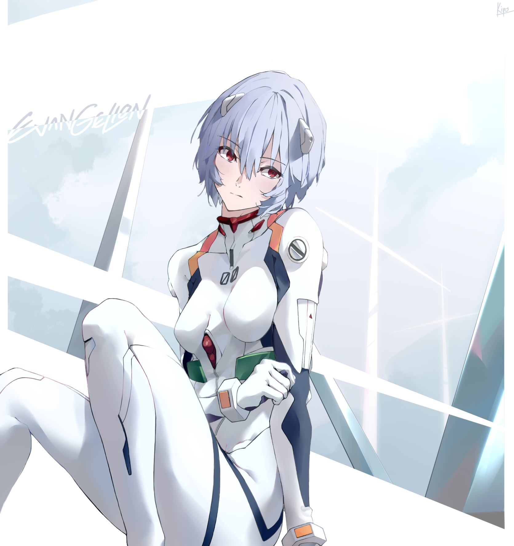 1girl artist_name ayanami_rei blue_hair bodysuit breasts closed_mouth collar copyright_name female_focus gloves hair_between_eyes hair_ornament highres interface_headset_(evangelion) kips looking_at_viewer mecha_pilot_suit medium_breasts neon_genesis_evangelion plugsuit_(evangelion) red_eyes short_hair signature simple_background sitting solo white_bodysuit white_gloves
