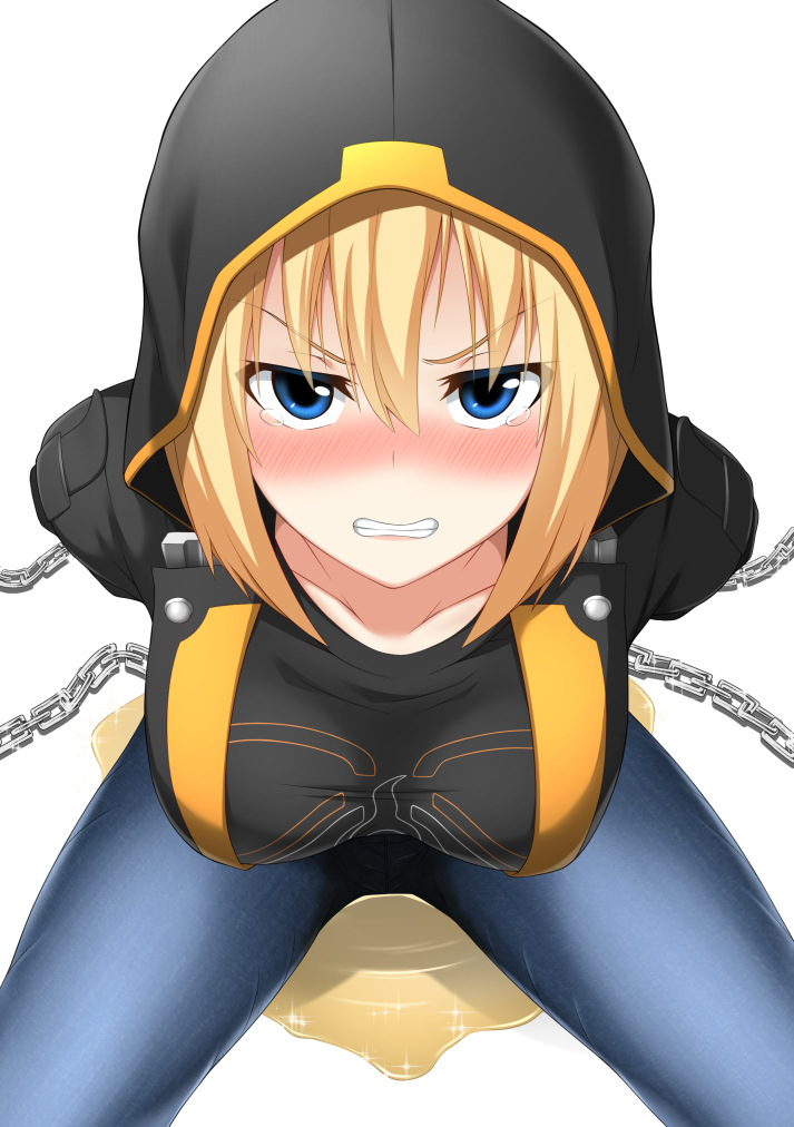 1girl bent_over blonde_hair blue_eyes blush breasts chain clenched_teeth creatures_(company) denim female_focus female_protagonist_(pokemon_go) game_freak hands_behind hood hoodie jeans kneeling large_breasts leaning_forward long_hair looking_at_viewer maanii nintendo pants pee peeing peeing_self pokemon pokemon_go solo tears teeth wet wet_clothes white_background