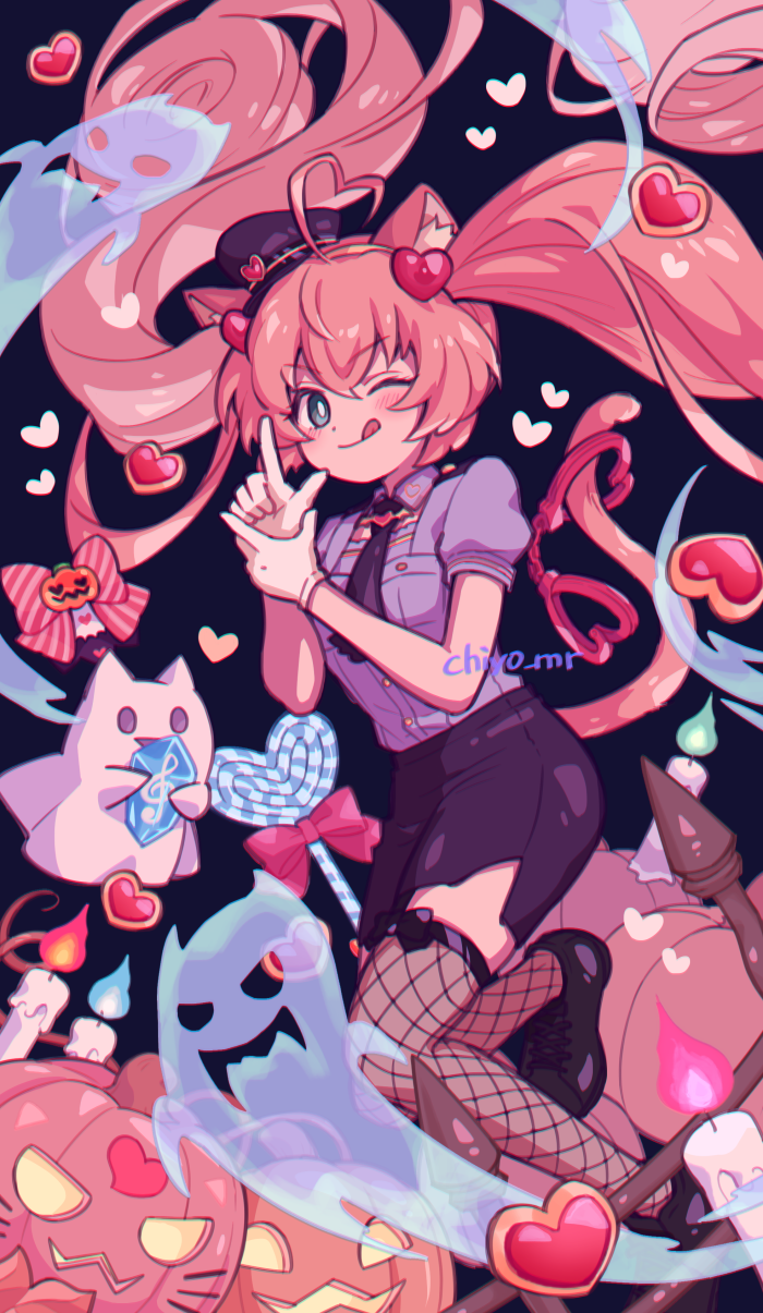 1girl ;q ahoge animal_ears black_hat black_necktie black_shoes black_skirt black_thighhighs blue_background blue_eyes blue_shirt bright_pupils candle candy cat_ears cat_girl cat_tail chiyo_nori cuffs fishnet_thighhighs fishnets floating_hair food full_body ghost gloves hair_ornament halloween_costume handcuffs hat heart heart_ahoge heart_hair_ornament highres jack-o&#039;-lantern lollipop long_hair looking_at_viewer necktie one_eye_closed pencil_skirt pink_hair police police_uniform policewoman rosia_(show_by_rock!!) shirt shoes short_sleeves show_by_rock!! skirt smile solo tail thighhighs tongue tongue_out twintails white_gloves white_pupils