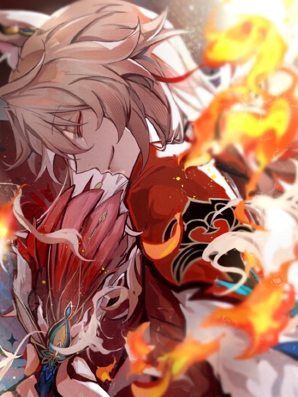 1boy animal_ear_fluff animal_ears blurry closed_eyes closed_mouth commentary depth_of_field diandao_qin feather_fan film_grain fire fox_boy fox_ears from_side hair_between_eyes hand_fan highres holding holding_fan honkai:_star_rail honkai_(series) jacket jiaoqiu_(honkai:_star_rail) long_hair male_focus pink_hair red_jacket shirt smile solo upper_body white_shirt