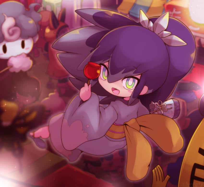 5girls amano_keita blurry blush candy_apple character_request cotton_candy depth_of_field floating food fubukihime green_eyes hanako-san_(youkai_watch) high_ponytail japanese_clothes kimono koenra komajirou komasan long_hair looking_at_viewer looking_back misora_inaho multicolored_hair multiple_girls nollety open_mouth ponytail purple_hair sandals snowrabby solo_focus two-tone_hair usapyon whisper_(youkai_watch) youkai_(youkai_watch) youkai_watch zouri