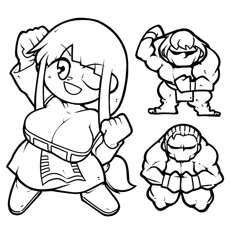 1girl 2boys ;d arc_the_lad arc_the_lad_ii arm_up breasts cleavage clenched_hands dress gruga_(arc_the_lad) hand_up iga_(arc_the_lad) large_breasts lieza_(arc_the_lad) lineart long_hair long_sleeves monochrome multiple_boys name_omoitukan2 off-shoulder_dress off_shoulder one_eye_closed open_mouth simple_background smile thick_lineart white_background