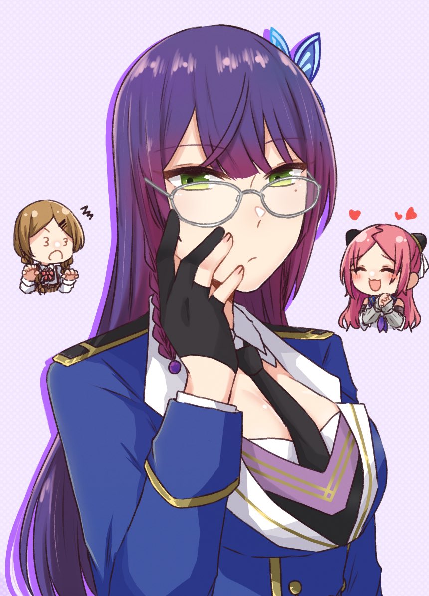 3_3 3girls :/ :3 :d ^^^ ^_^ adjusting_eyewear arm_at_side assault_lily bespectacled black_gloves black_necktie blue_jacket blue_sailor_collar blush borrowed_accessory bow bowtie braid breasts brown_hair butterfly_hair_ornament chibi chibi_inset closed_eyes closed_mouth collared_shirt commentary corset cropped_torso detached_sleeves epaulettes funada_kiito glasses gloves green_eyes grey-framed_eyewear hair_ornament hairpods half_gloves hand_up hands_up heart interlocked_fingers jacket layered_sleeves long_hair long_sleeves looking_at_viewer low_twin_braids low_twintails ludvico_private_girls&#039;_academy_school_uniform matsunaga_brigitta_kayo medium_breasts mole mole_under_eye multiple_girls neckerchief necktie nigari_(ngari_0115) odaiba_girls_high_school_uniform open_mouth own_hands_clasped own_hands_together parted_bangs partially_fingerless_gloves pink_bow pink_bowtie polka_dot polka_dot_background purple_background purple_hair purple_neckerchief raised_eyebrows red_hair sailor_collar school_uniform shiba_tomoshibi shirt side_braid single_braid sleeveless sleeveless_shirt smile suspenders symbol-only_commentary twin_braids twintails underbust upper_body v-shaped_eyebrows white_shirt