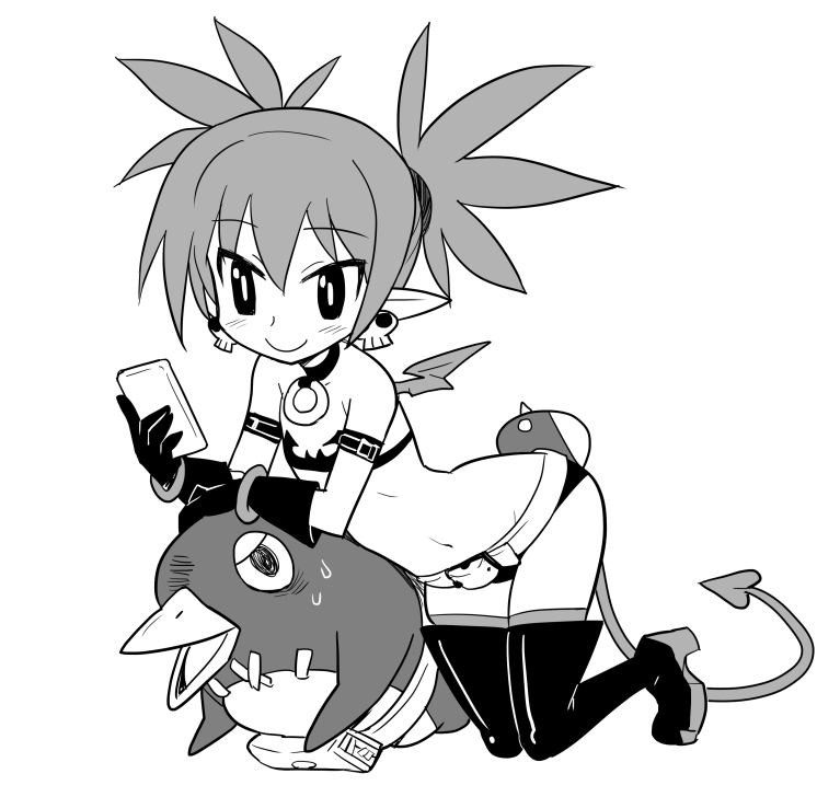 1girl belt blush boots cellphone choker demon_girl demon_tail demon_wings disgaea earrings etna_(disgaea) fang flat_chest full_body gloves greyscale hekaton jewelry kneeling looking_at_viewer micro_shorts mini_wings monochrome navel o-ring o-ring_choker pear-shaped_figure phone pointy_ears prinny shorts skull_earrings smartphone smile tail thigh_boots wings