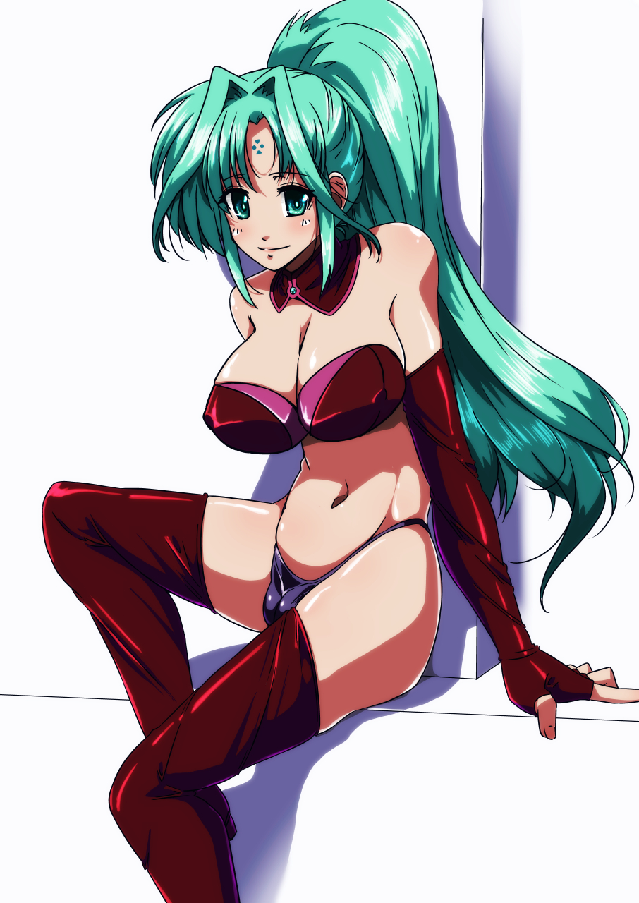 1girl black_panties blush bra breasts cameltoe closed_mouth covered_erect_nipples elbow_gloves gloves green_eyes green_hair highres large_breasts lindy_harlaown long_hair looking_at_viewer lyrical_nanoha mahou_shoujo_lyrical_nanoha mahou_shoujo_lyrical_nanoha_a&#039;s mahou_shoujo_lyrical_nanoha_strikers navel panties ponytail red_bra red_gloves red_thighhighs smile solo tappa_(esperanza) thighhighs underwear