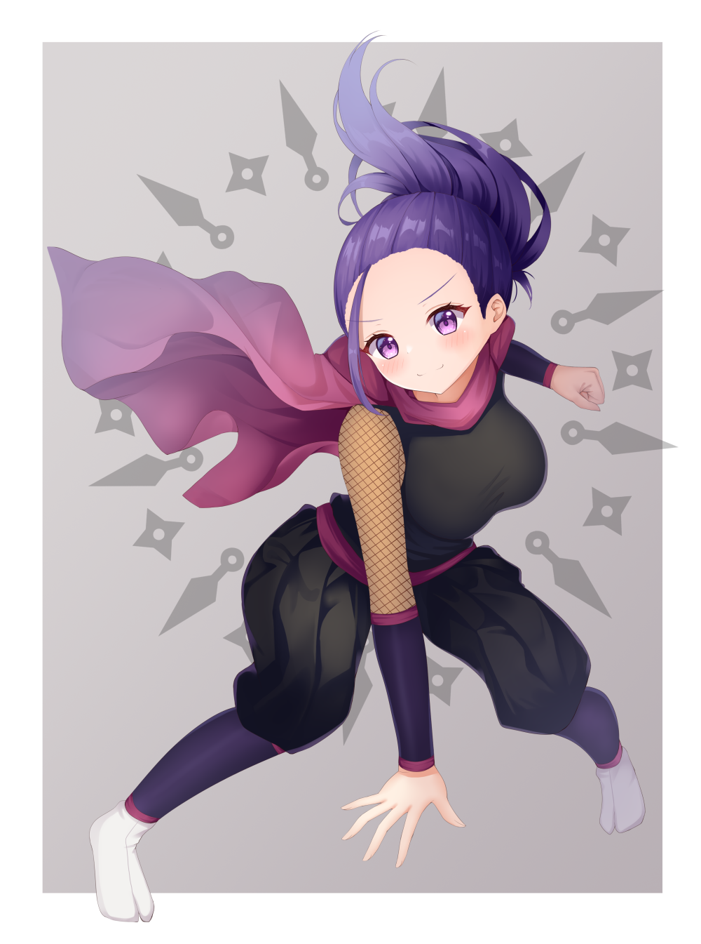 1girl black_shirt black_shorts blush border breasts cape closed_mouth commentary fishnet_sleeves fishnets forehead full_body grey_background hakama hakama_shorts highres janine_(pokemon) japanese_clothes kunai large_breasts leg_warmers long_hair looking_at_viewer ninja nintendo outside_border pokemon pokemon_hgss ponytail purple_arm_warmers purple_cape purple_eyes purple_hair purple_leg_warmers shirt shorts sleeveless sleeveless_shirt smile socks solo standing suigetsu_(watermoon-910) tabi weapon white_border white_socks