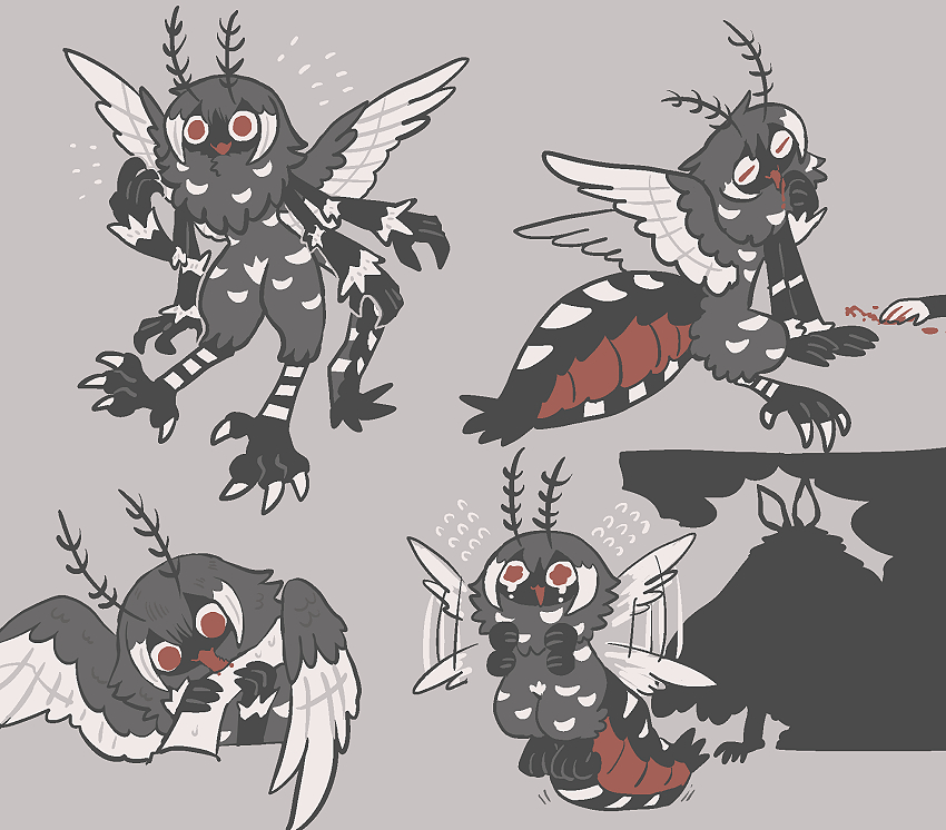 1girl 1other animal_feet antennae arthropod_girl bird_legs black_fur black_wings blood blood_sucking body_fur claws corpse extra_arms feathered_wings flying flying_sweatdrops full_body grey_background grey_hair inkoinko7 monster_girl mosquito_girl multiple_views murder neck_fur original red_eyes simple_background white_wings wings