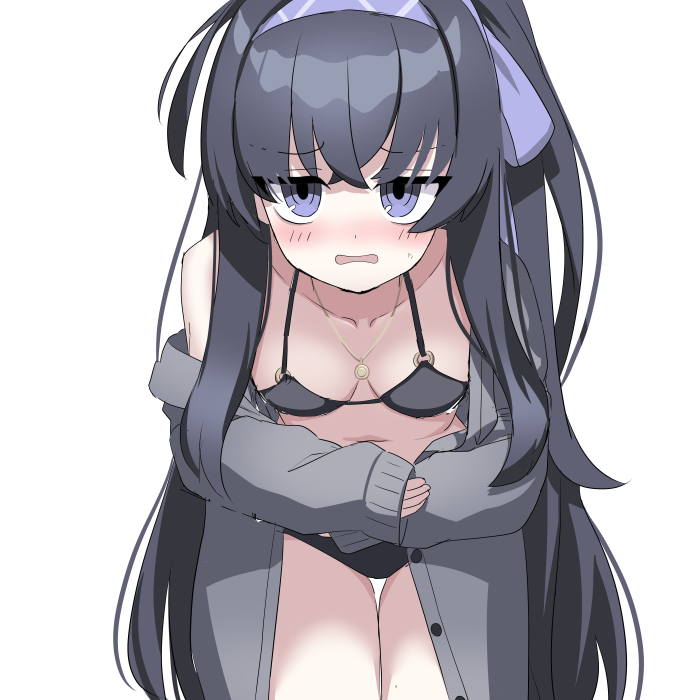 1girl bags_under_eyes bent_over bikini black_bikini black_hair blue_archive blush bow breasts cardigan cleavage collarbone commentary_request covering_stomach embarrassed grey_cardigan hair_between_eyes hair_bow hair_ribbon hairband halo jewelry long_hair long_sleeves looking_at_viewer navel necklace o_(rakkasei) official_alternate_costume official_alternate_hairstyle open_cardigan open_clothes pendant ponytail purple_eyes ribbon sidelocks simple_background sleeveless small_breasts solo stomach sweatdrop swimsuit ui_(blue_archive) ui_(swimsuit)_(blue_archive) white_background