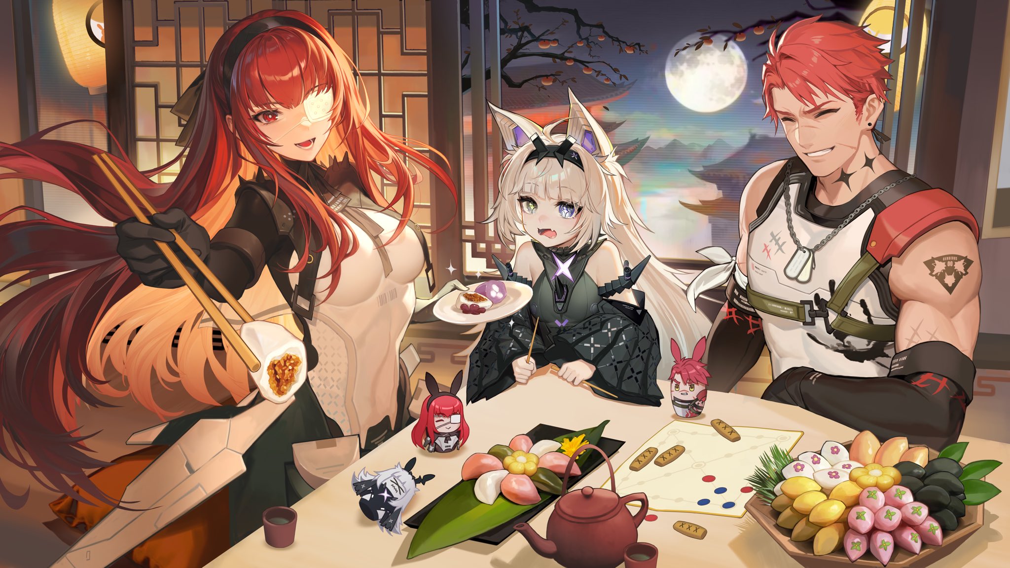 1boy 2girls architecture chopsticks dessert drooling east_asian_architecture food full_moon highres moon multiple_girls no._21:_feral_scent_(pgr) no._21_(pgr) noctis_(pgr) official_art punishing:_gray_raven sweets teapot vera:_rozen_(pgr) vera_(pgr)