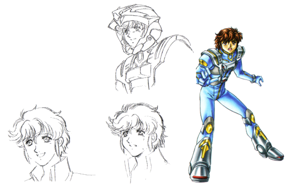 1boy banpresto brown_hair reference_sheet full_body gloves helmet male_focus official_art partially_colored ryouto_hikawa simple_background solo super_robot_wars super_robot_wars_original_generation