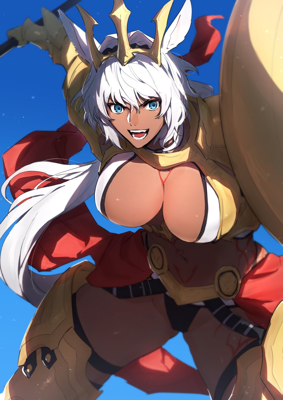 1girl animal_ears armor blue_eyes body_markings breasts caenis_(fate) caenis_(third_ascension)_(fate) dark-skinned_female dark_skin fate/grand_order fate_(series) hair_intakes highres large_breasts long_hair ponytail sabamori shield solo tiara white_hair