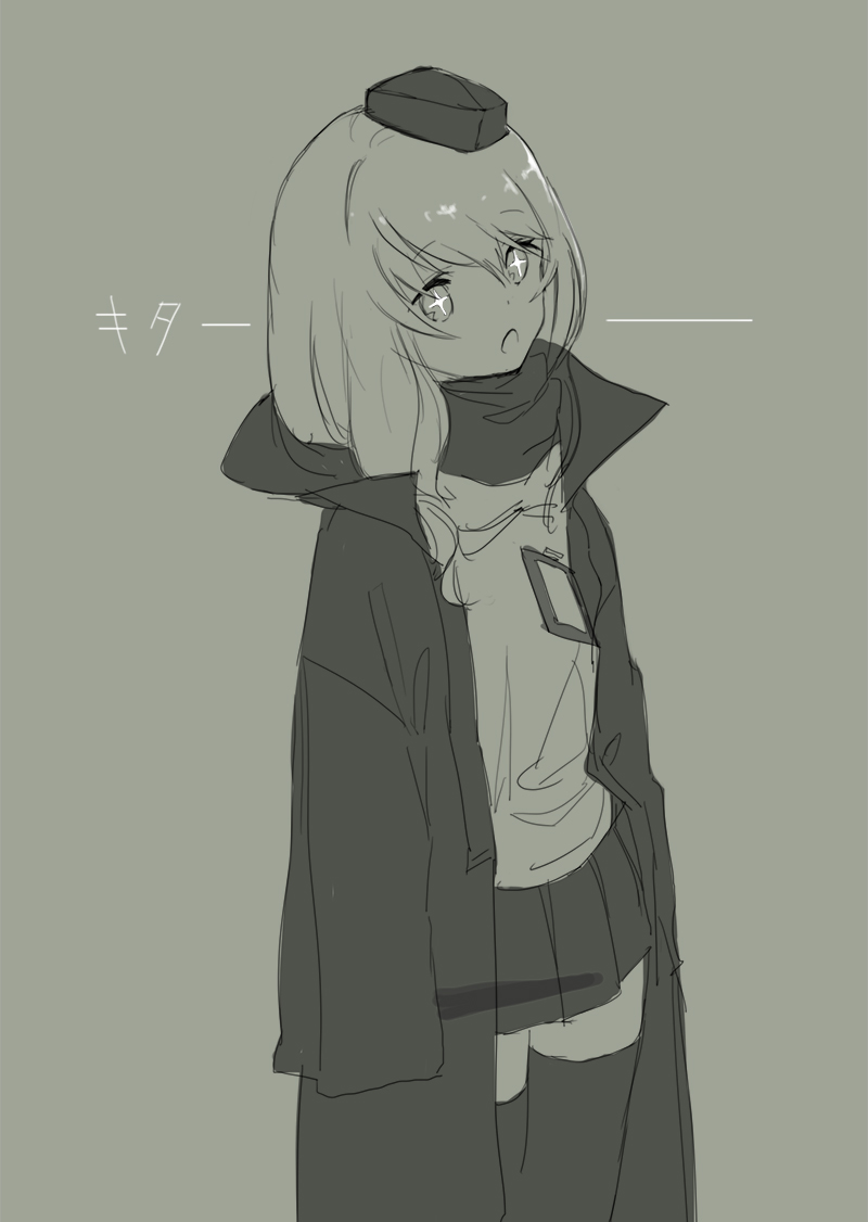1girl arknights black_thighhighs durin_(arknights) grey_background greyscale kouka_(mrakano5456) looking_to_the_side medium_hair miniskirt monochrome open_mouth pointy_ears shirt skirt solo sparkling_eyes thighhighs
