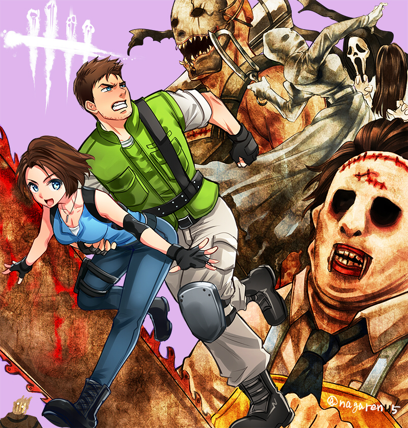 artist_name black_gloves blue_eyes brown_hair chainsaw chris_redfield copyright_logo dead_by_daylight fingerless_gloves ghostface gloves holding holding_weapon jill_valentine leatherface logo nagare open_mouth purple_background resident_evil scream_(movie) smile the_nurse_(dead_by_daylight) the_ring the_texas_chainsaw_massacre the_trapper_(dead_by_daylight) weapon yamamura_sadako