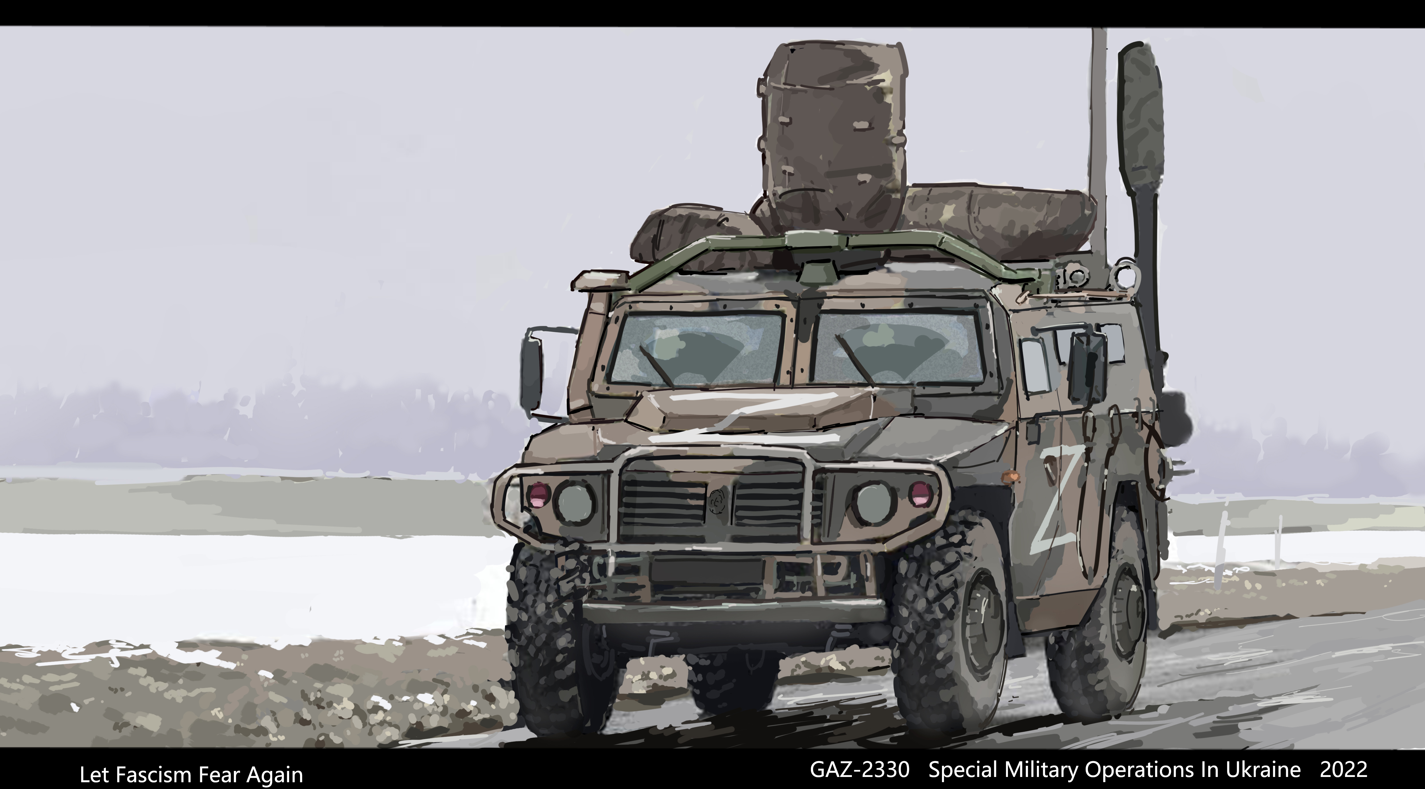 2022 absurdres alphabet armored_personnel_carrier armored_vehicle car english_text highres letterboxed military military_truck military_vehicle motor_vehicle muted_color no_humans original outdoors russia russian_ground_forces russo-ukrainian_war shovei_industry side-view_mirror sports_utility_vehicle truck ukraine ukrainian_ground_forces vehicle_focus vehicle_name wipers z_(russian_symbol)