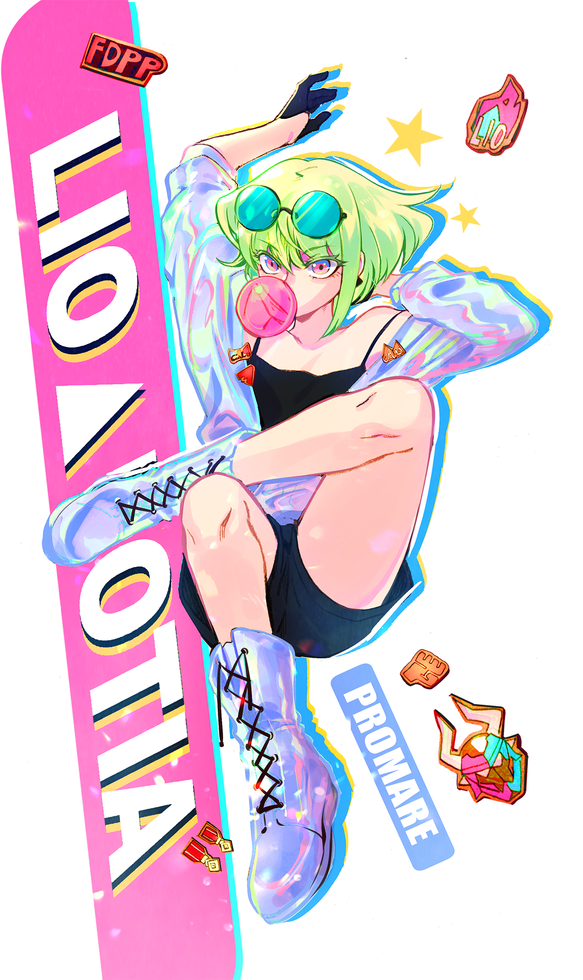 1boy androgynous bae_(baebae) black_gloves blowing_bubble_gum blowing_bubbles boots chewing_gum crossed_legs eyewear_on_head gloves green_hair half_gloves highres lace-trimmed_boots lace_trim lio_fotia male_focus promare purple_eyes shiny_clothes shorts solo trap