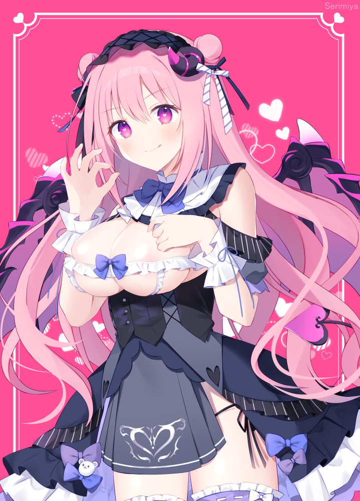 1girl :q aiyan anneliese areola_slip bare_shoulders black_dress black_hairband blue_bow blue_bowtie bow bowtie breast_suppress breasts closed_mouth commentary_request cowboy_shot demon_girl demon_horns demon_tail demon_wings double_bun dress dress_bow eyelashes floating_hair frilled_dress frilled_hairband frills hair_between_eyes hair_bow hair_bun hairband hands_up heart heart-shaped_pupils heart_print horns kimagure_temptation kimagure_temptation_2 large_breasts licking_lips long_hair official_alternate_costume official_alternate_hairstyle ok_sign pink_background pink_hair print_dress purple_bow purple_eyes simple_background skindentation smile solo symbol-shaped_pupils tail tareme tongue tongue_out very_long_hair white_bow white_wrist_cuffs wings wrist_cuffs
