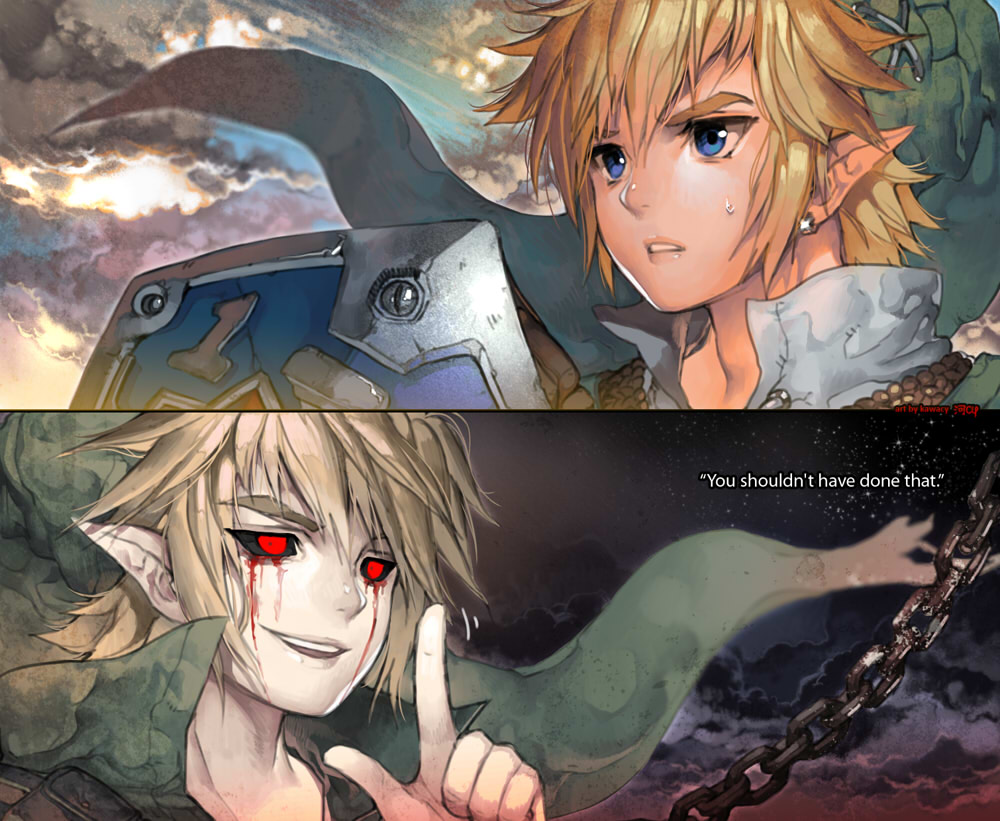 2boys ben_drowned black_sclera blonde_hair blood bloody_tears blue_eyes chain cloud colored_sclera creepypasta day ear_piercing english_text holding holding_shield hylian_shield kawacy link looking_at_viewer looking_up multiple_boys night night_sky nintendo piercing pointy_ears red_eyes shield sky sweatdrop the_legend_of_zelda the_legend_of_zelda:_majora&#039;s_mask tunic