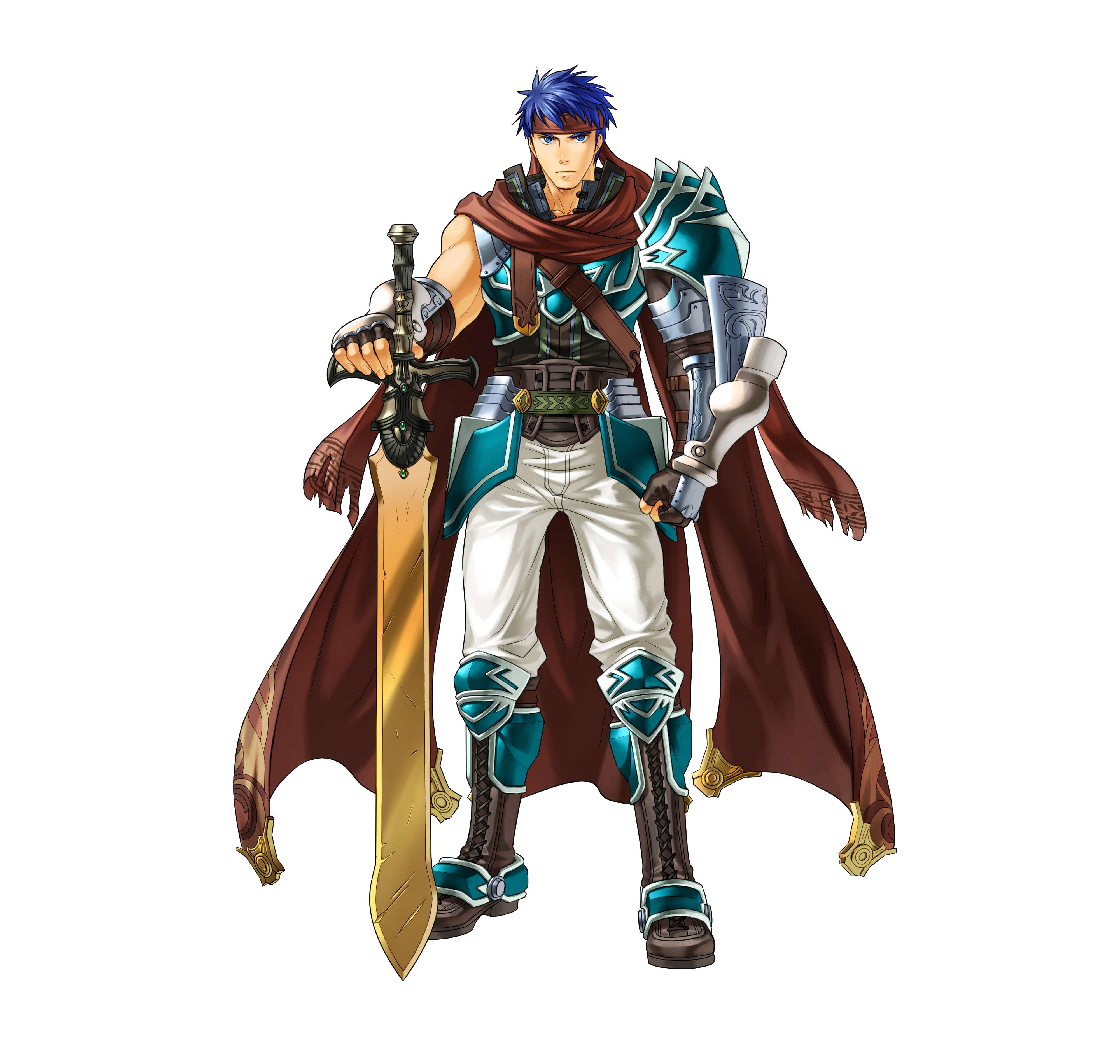1boy absurdres armor blue_eyes blue_hair cape commentary_request fire_emblem fire_emblem:_radiant_dawn fire_emblem_heroes full_body headband highres ike_(fire_emblem) ike_(vanguard_legend)_(fire_emblem) kita_senri looking_at_viewer male_focus nintendo official_art planted planted_sword planted_weapon ragnell red_headband short_hair simple_background solo sword weapon white_background