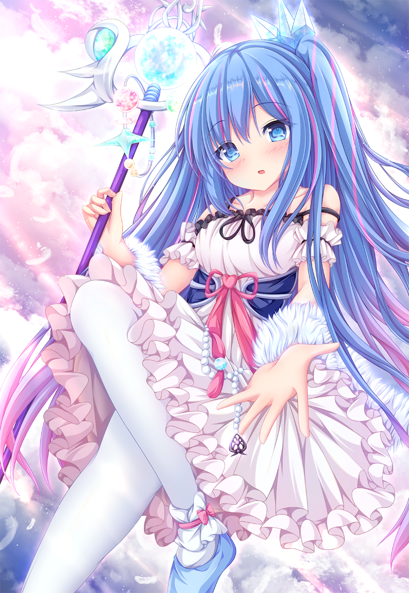 1girl ankle_cuffs aqua_eyes aqua_hair blush camisole collarbone dress duel_monster foot_out_of_frame hair_between_eyes highres holding holding_scepter jewelry long_hair looking_at_viewer manma_(manmamia) open_mouth pantyhose reaching reaching_towards_viewer rilliona_(yu-gi-oh!) scepter white_dress white_pantyhose witchcrafter_madame_verre yu-gi-oh!