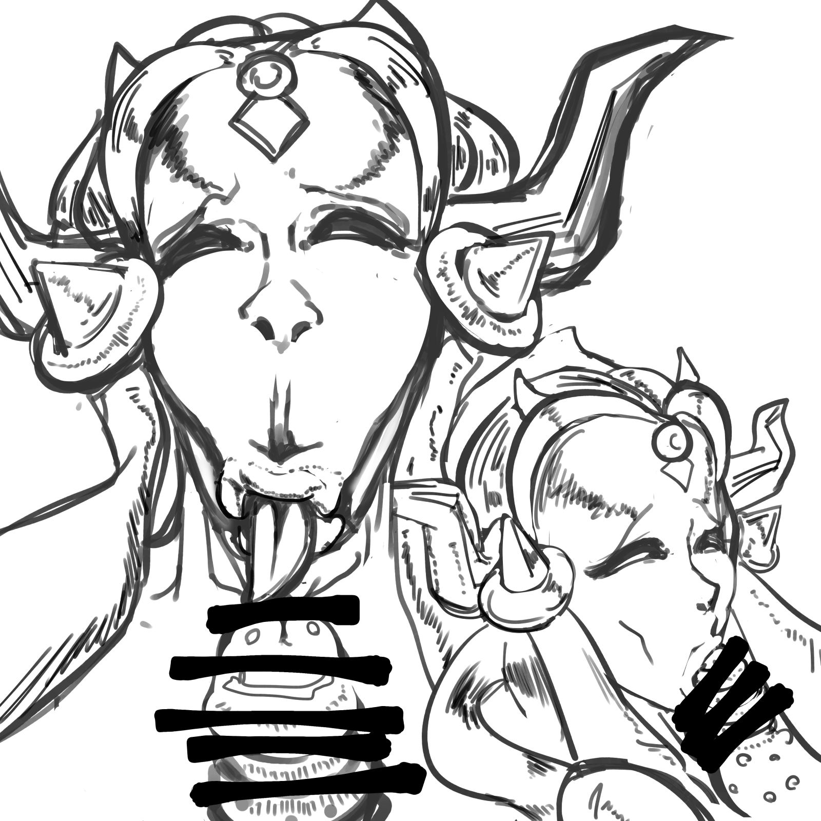 1girl :&gt;= bukkake censored cum cum_on_body facial fellatio grimms_notes half-closed_eyes highres horns iikanji_picture long_hair long_sidelocks mirror_plate_fiend_(grimms_notes) multiple_views oral penis sidelocks sketch solo_focus tongue tongue_out upper_body white_background