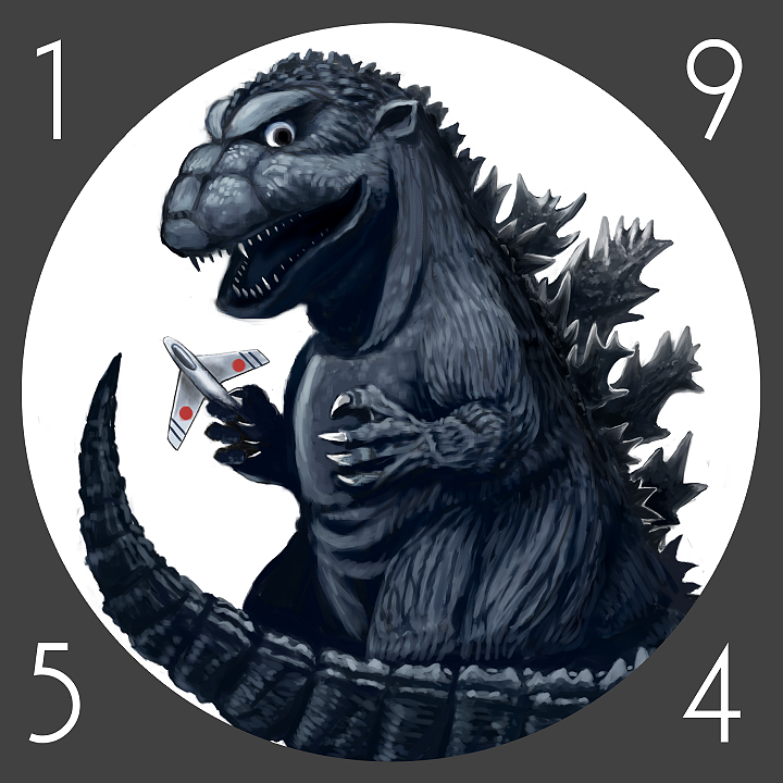 aircraft airplane chibi claws dinosaur ears f-86 f-86_sabre fangs fighter_jet giant giant_monster godzilla godzilla_(1954) godzilla_(series) holding japanese_flag kaiju looking_at_viewer looking_sideways military military_vehicle monster no_humans open_mouth sharp_teeth spikes suttoko tail teeth toho tongue