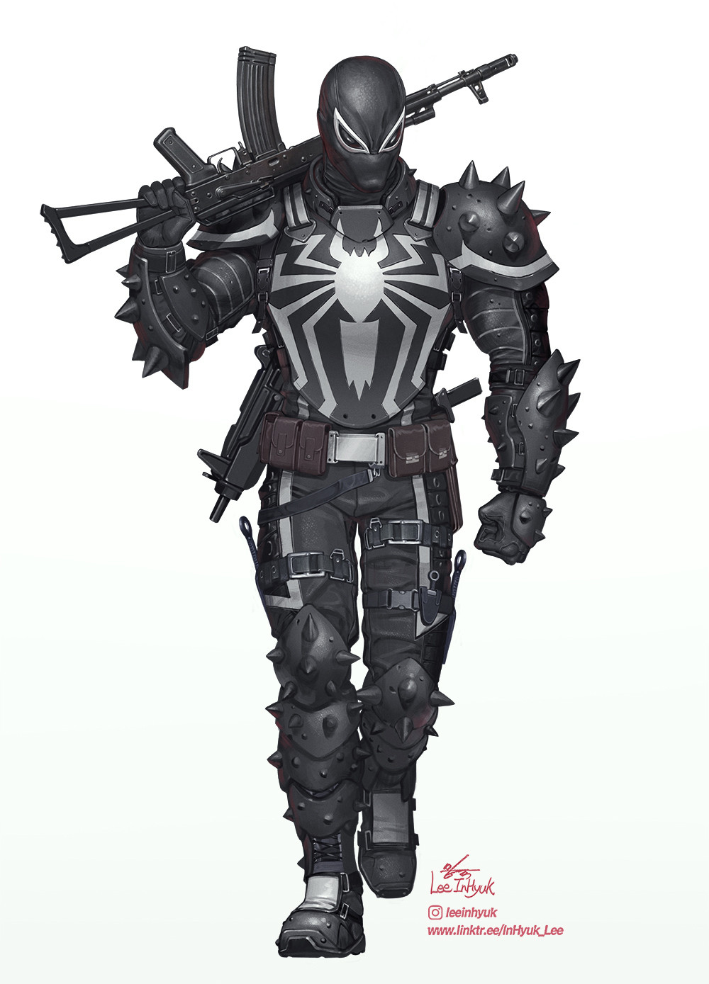 1boy agent_venom armor artist_name belt black_armor black_boots black_gloves black_mask black_pants boots breastplate clenched_hand full_body gloves gun highres holding holding_gun holding_weapon in-hyuk_lee instagram_logo instagram_username male_focus marvel over_shoulder pants signature simple_background solo spider-man:_into_the_spider-verse spider-man_(series) spider-verse spiked_pauldrons standing watermark weapon weapon_over_shoulder weapon_request web_address white_background