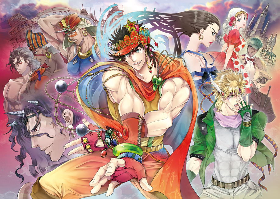 19routine 2girls 6+boys bad_id bad_pixiv_id caesar_anthonio_zeppeli cape esidisi everyone fingerless_gloves gloves hat horns jojo_no_kimyou_na_bouken joseph_joestar joseph_joestar_(young) kars_(jojo) lisa_lisa multiple_boys multiple_girls official_alternate_costume rudolph_von_stroheim santana_(jojo) smokey_brown suzi_q wamuu