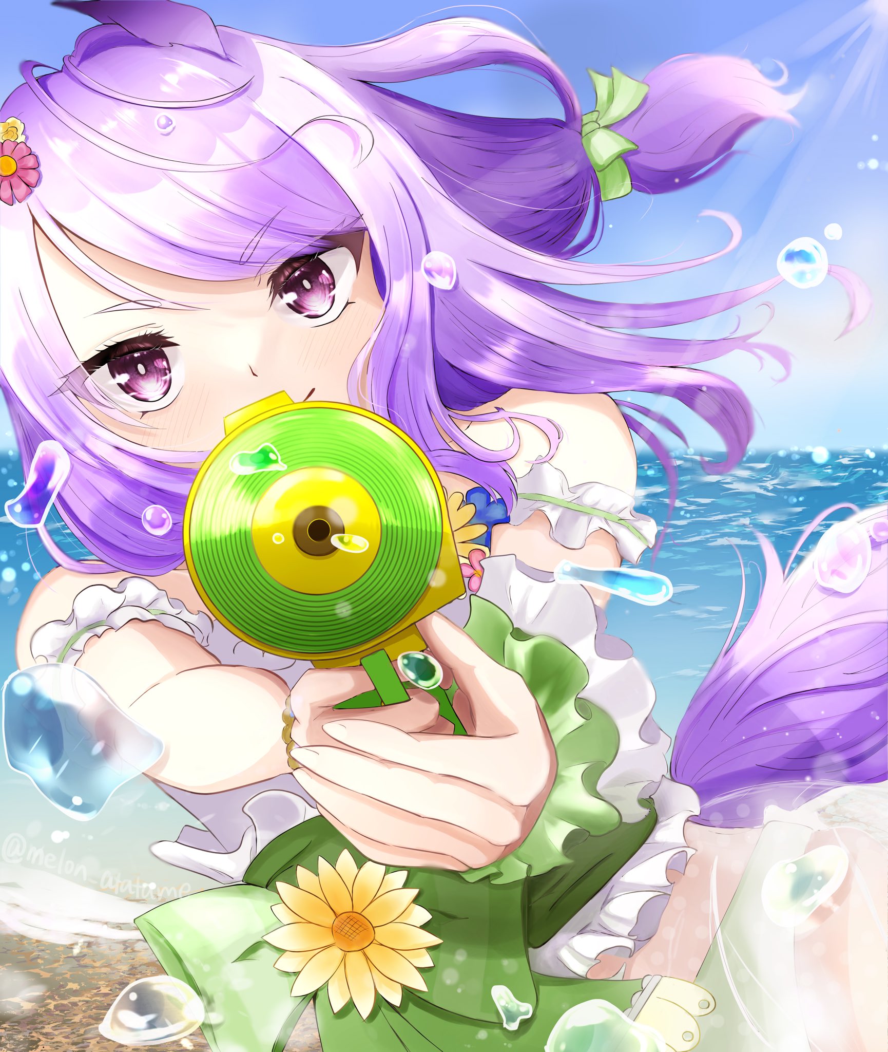 1girl animal_ears bare_shoulders ear_flower highres holding holding_water_gun horse_ears horse_girl horse_tail long_hair looking_at_viewer mejiro_mcqueen_(ripple_fairlady)_(umamusume) mejiro_mcqueen_(umamusume) naegi_happy official_alternate_costume official_alternate_hairstyle purple_eyes purple_hair solo swimsuit tail umamusume water_gun