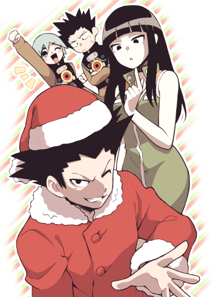 2boys 2girls aqua_hair black_eyes black_hair closed_mouth grin hat ken_(linda_cube) linda_(linda_cube) linda_cube long_hair looking_at_viewer minashirazu mole mole_under_eye multiple_boys multiple_girls neku_(linda_cube) one_eye_closed open_mouth sachiko_(linda_cube) santa_costume santa_hat short_hair sleeveless smile spiked_hair