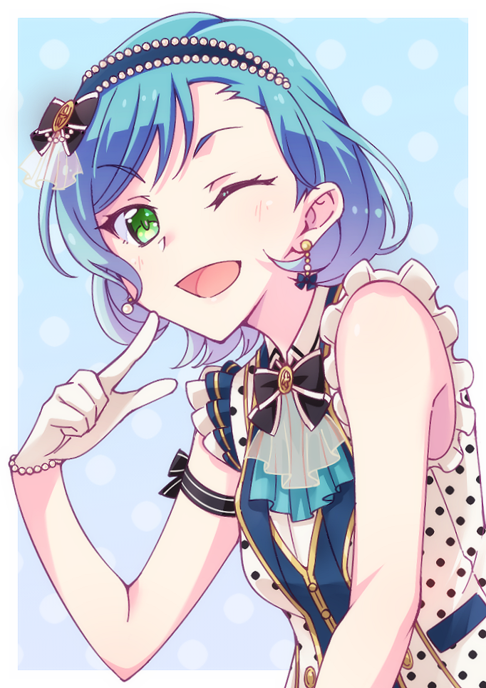 1girl aqua_hair ascot bang_dream! black_bow black_bowtie blue_ascot bow bowtie dress e20 gloves green_eyes hikawa_hina looking_at_viewer one_eye_closed open_mouth short_hair sleeveless sleeveless_dress smile solo upper_body white_dress white_gloves