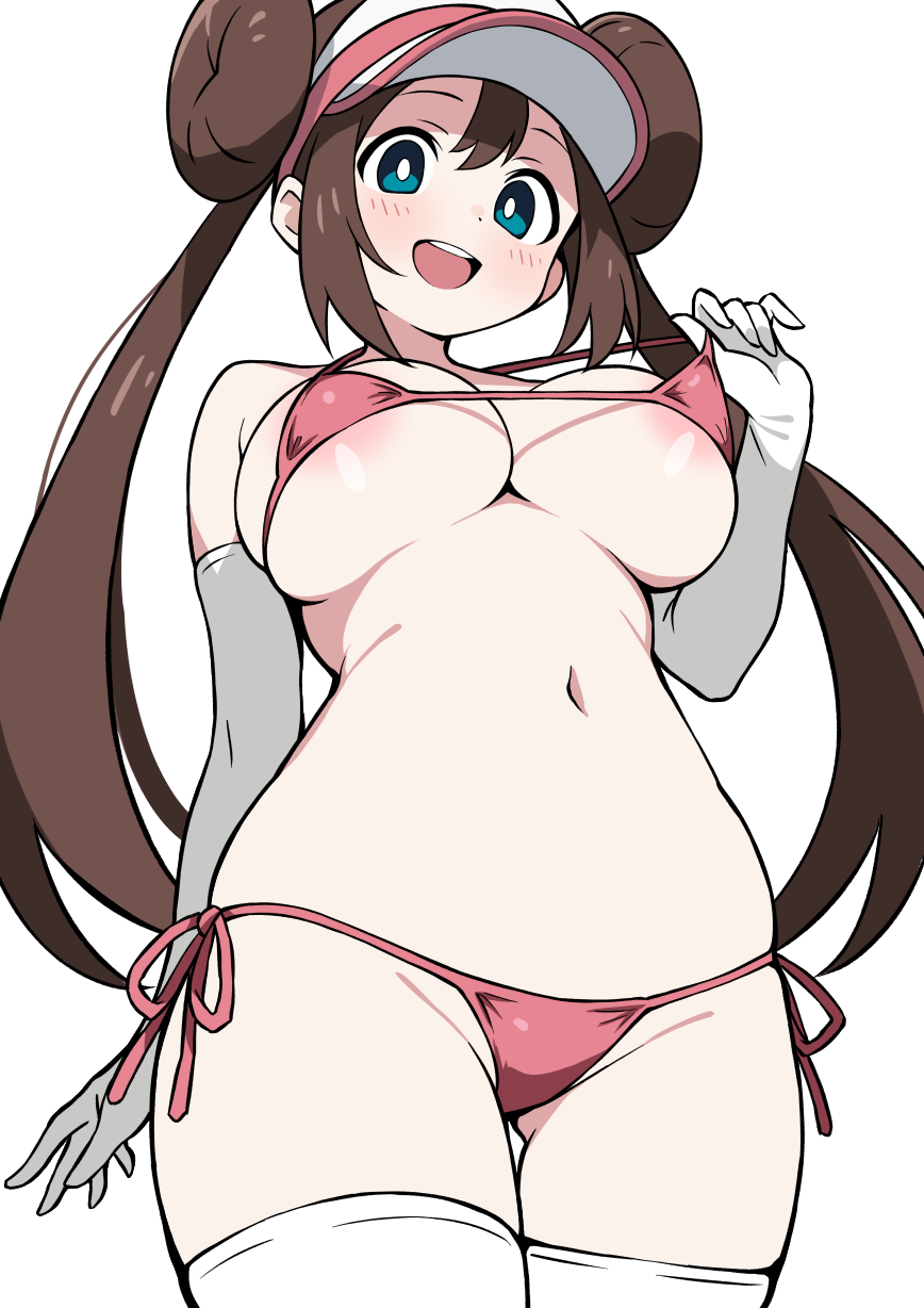 1girl :d areola_slip bikini blue_eyes breasts brown_hair cleavage donut_hair_bun double_bun ecgg_(tsuji418477) elbow_gloves gloves hair_bun highres long_hair looking_at_viewer micro_bikini navel nintendo open_mouth pink_bikini pokemon pokemon_bw2 rosa_(pokemon) simple_background smile solo stomach swimsuit thighhighs twintails underboob very_long_hair visor_cap white_background white_gloves white_thighhighs