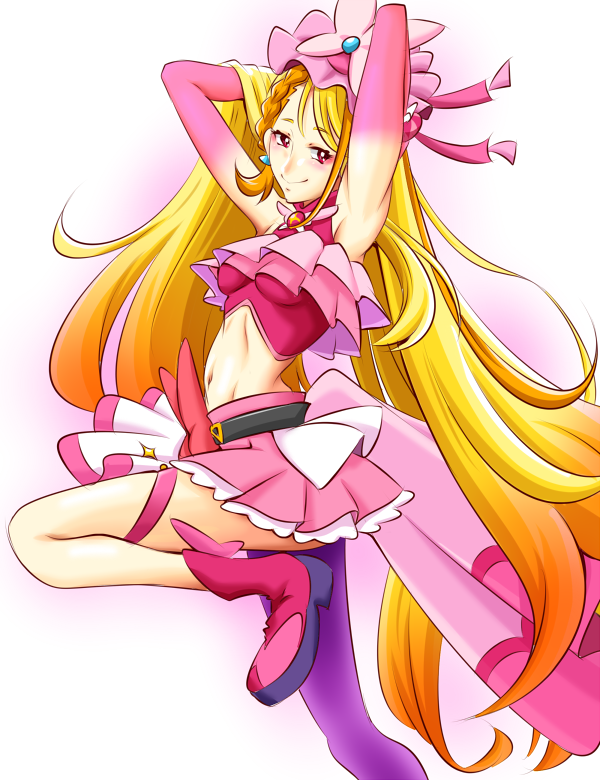 1girl armpits arms_behind_head belt black_belt blonde_hair boots bow bow_skirt braid brooch butterfly_hat_ornament closed_mouth commentary cropped_shirt cure_butterfly earrings elbow_gloves frilled_shirt frills from_side gloves hat hat_ornament hijiri_ageha hirogaru_sky!_precure jewelry kogane_(staygold) leg_up long_hair looking_at_viewer magical_girl midriff miniskirt mob_cap multicolored_hair navel orange_hair pantyhose pink_boots pink_gloves pink_hat pink_shirt pink_skirt pleated_skirt precure purple_eyes purple_pantyhose red_bow shirt showgirl_skirt single_leg_pantyhose skirt sleeveless sleeveless_shirt smile solo standing standing_on_one_leg thigh_strap very_long_hair white_background wing_brooch