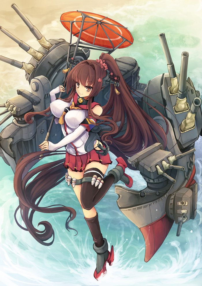 10s 1girl breasts brown_eyes brown_hair detached_sleeves female_focus flower goushou hair_flower hair_ornament kantai_collection large_breasts long_hair ponytail skirt smile solo thighhighs very_long_hair yamato_(kancolle)